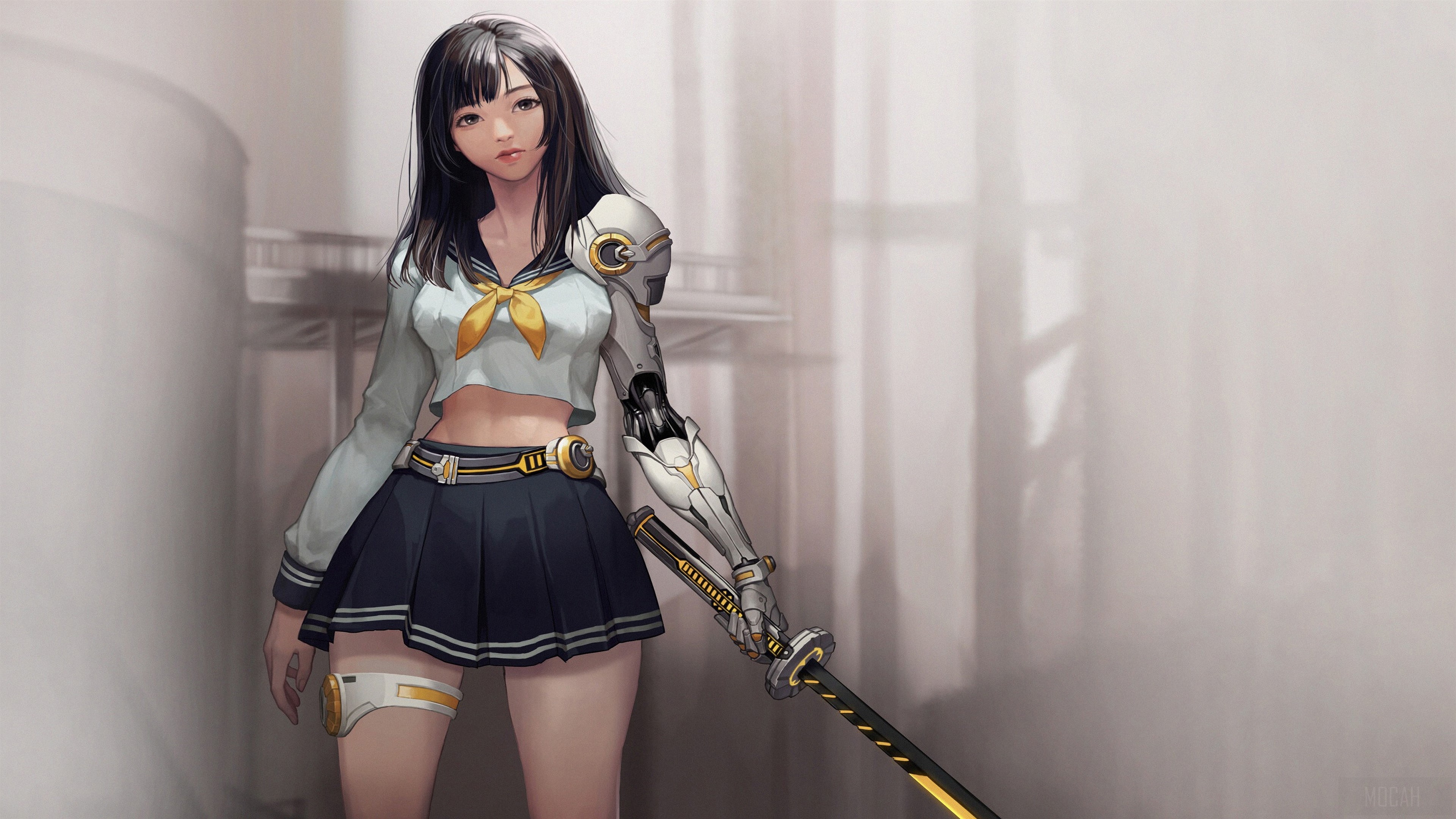 Anime warrior girl with cybernetic arm and sword 4K HD Wallpaper
