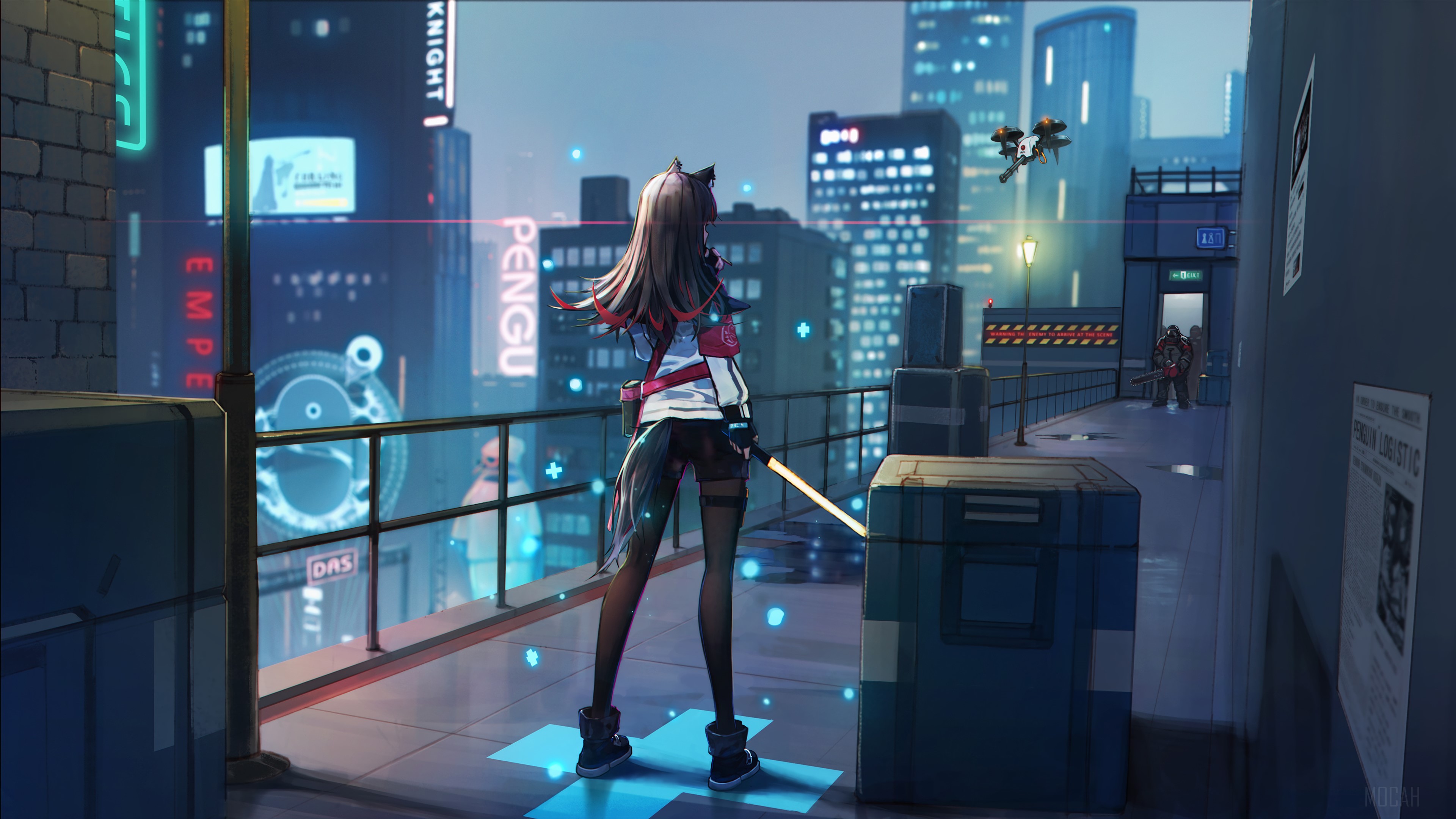 Anime girl with weapon on scifi city roof 4K HD Wallpaper