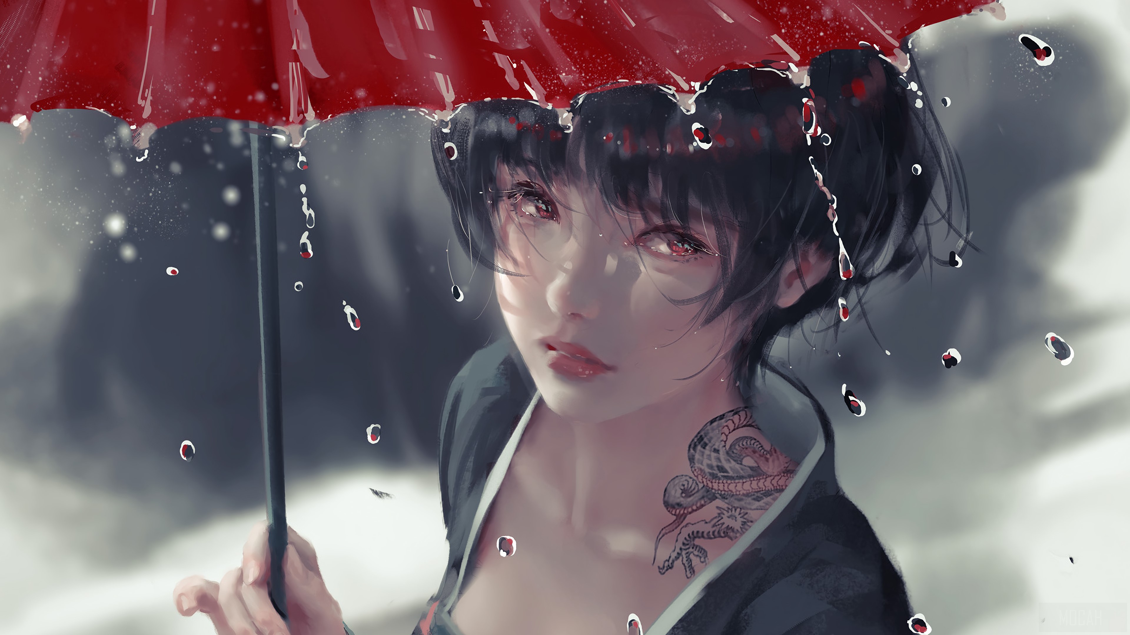 Anime girl with red umbrella in the rain 4K HD Wallpaper