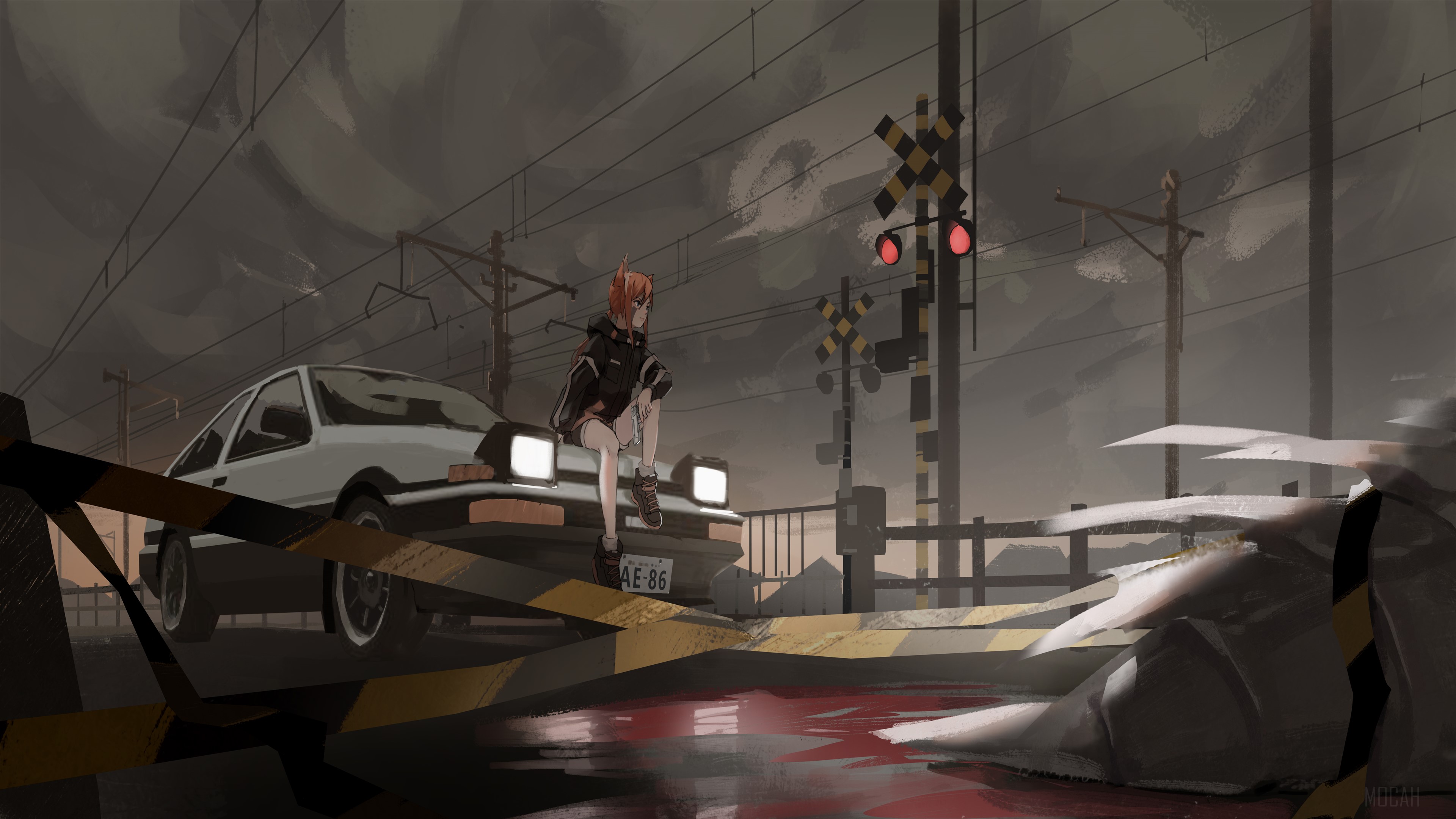 Anime Girl on Train Track with AE86 Car 4K HD Wallpaper