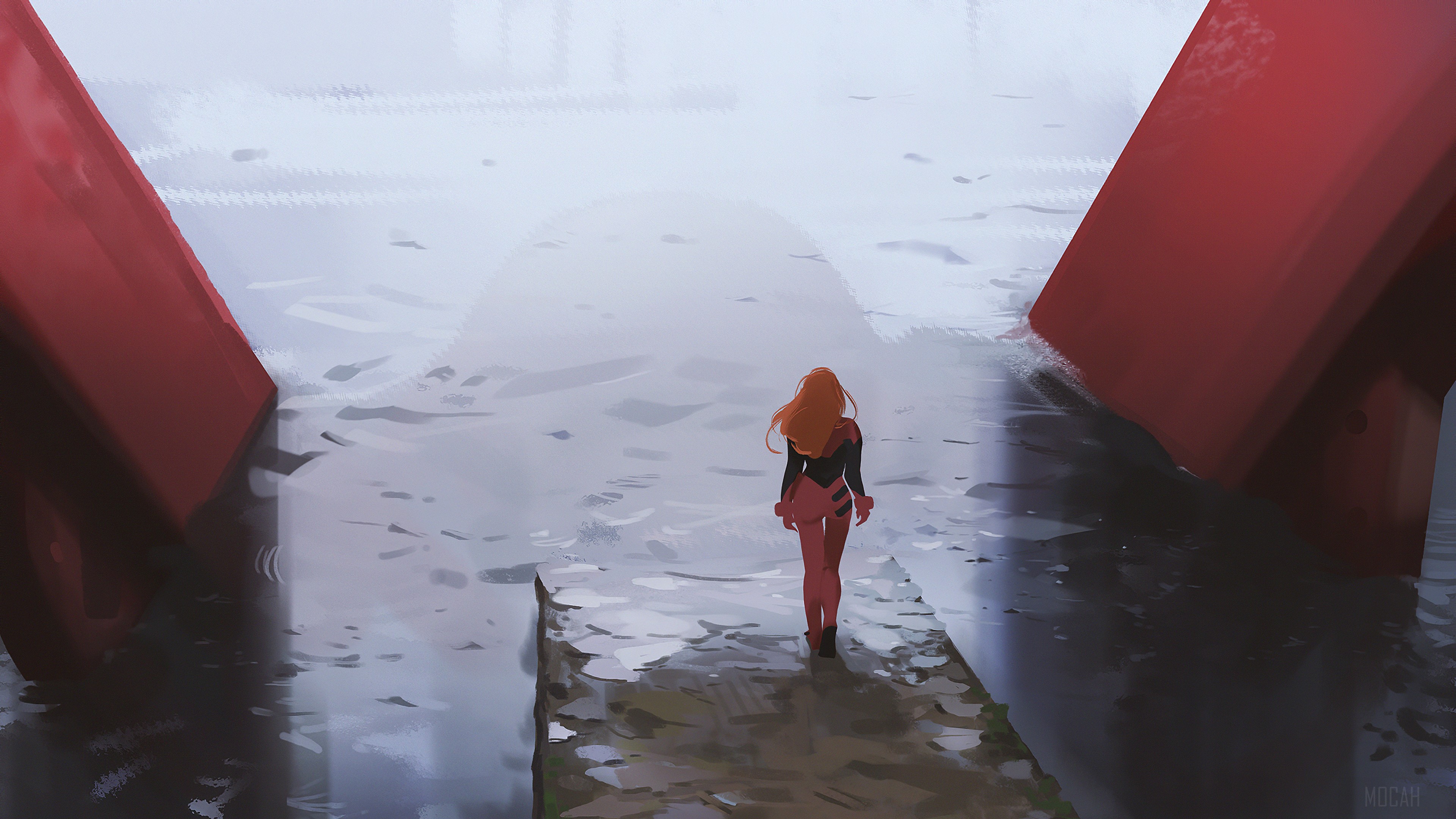 Asuka from Evangelion walking into water 4K HD Wallpaper