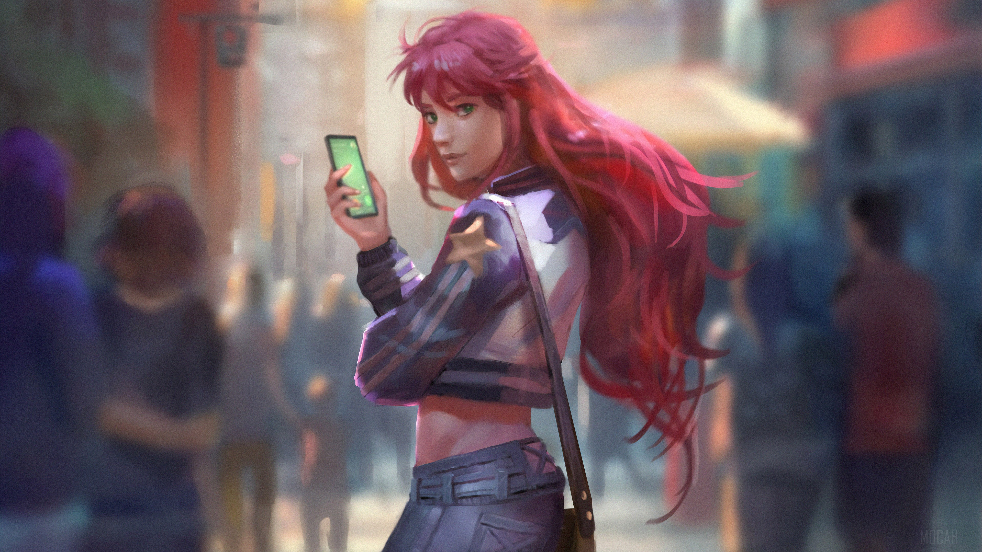 Woman with red hair holding a smartphone in 4K HD Wallpaper