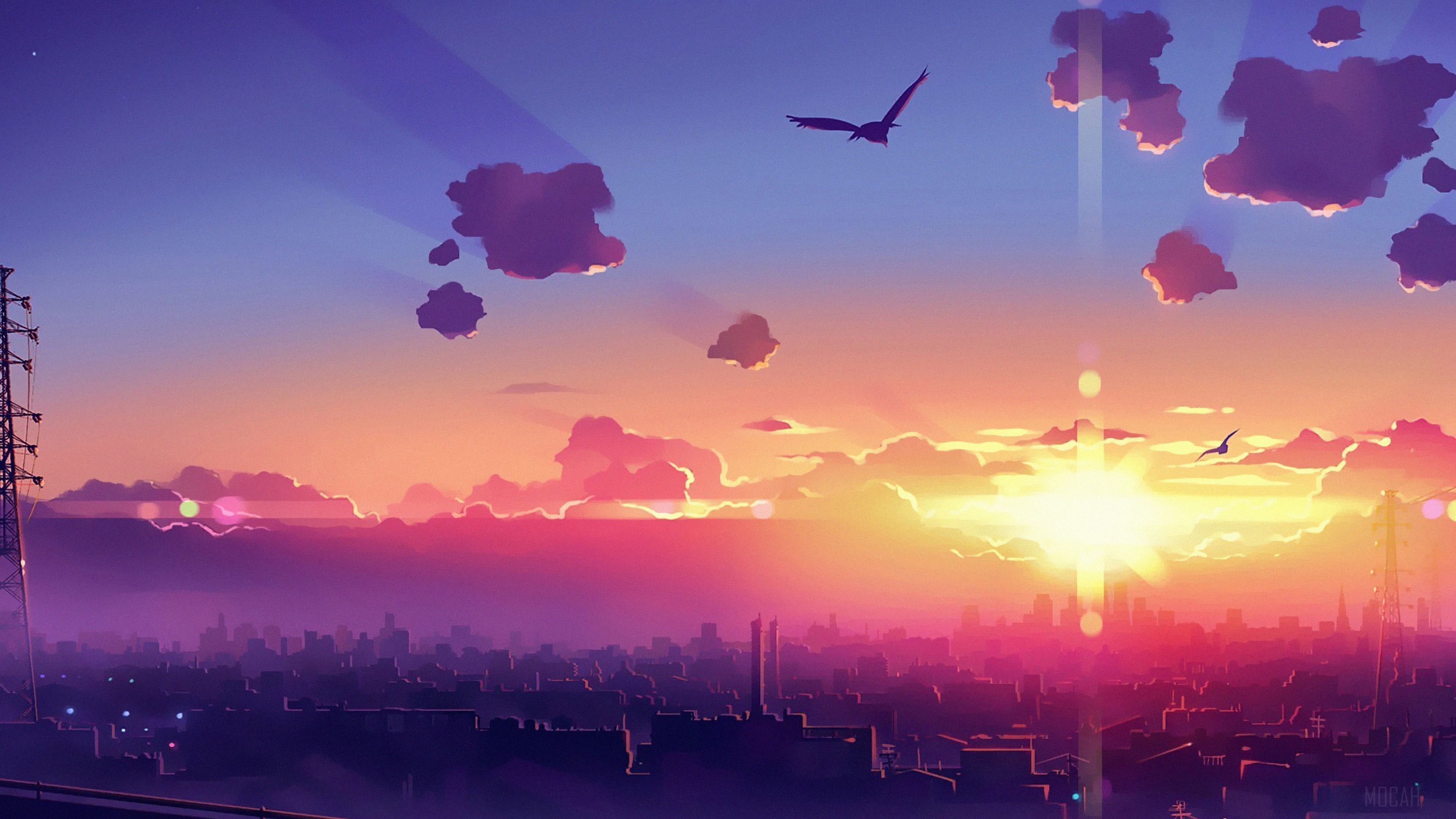 Anime Cityscape at Sunset with Birds HD Wallpaper