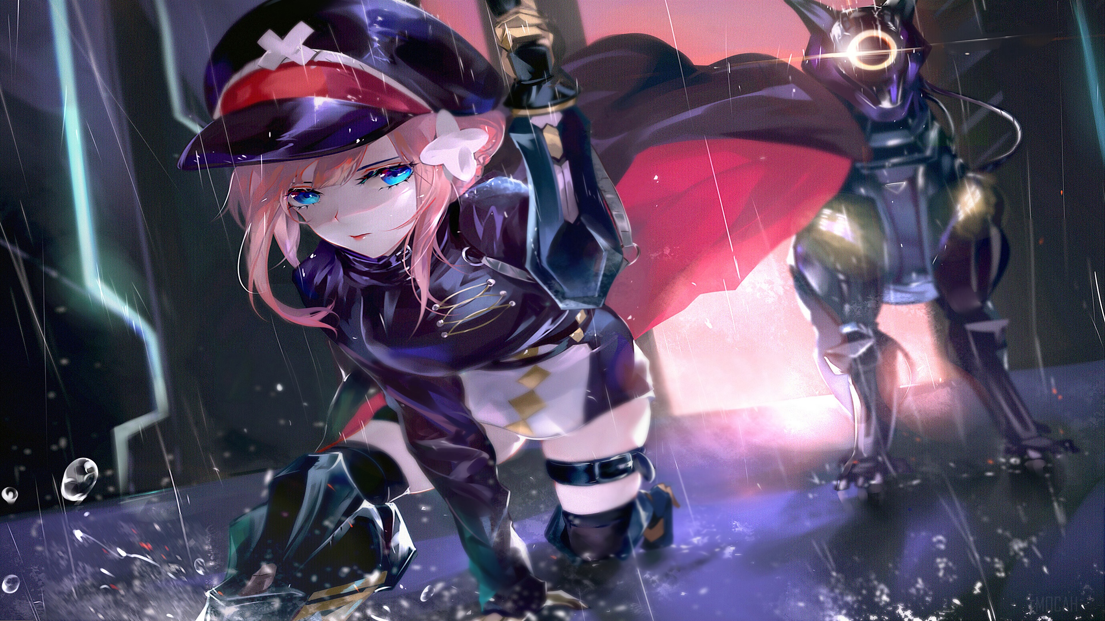 Anime Girl with Mechanical Dog in Rain 4K HD Wallpaper