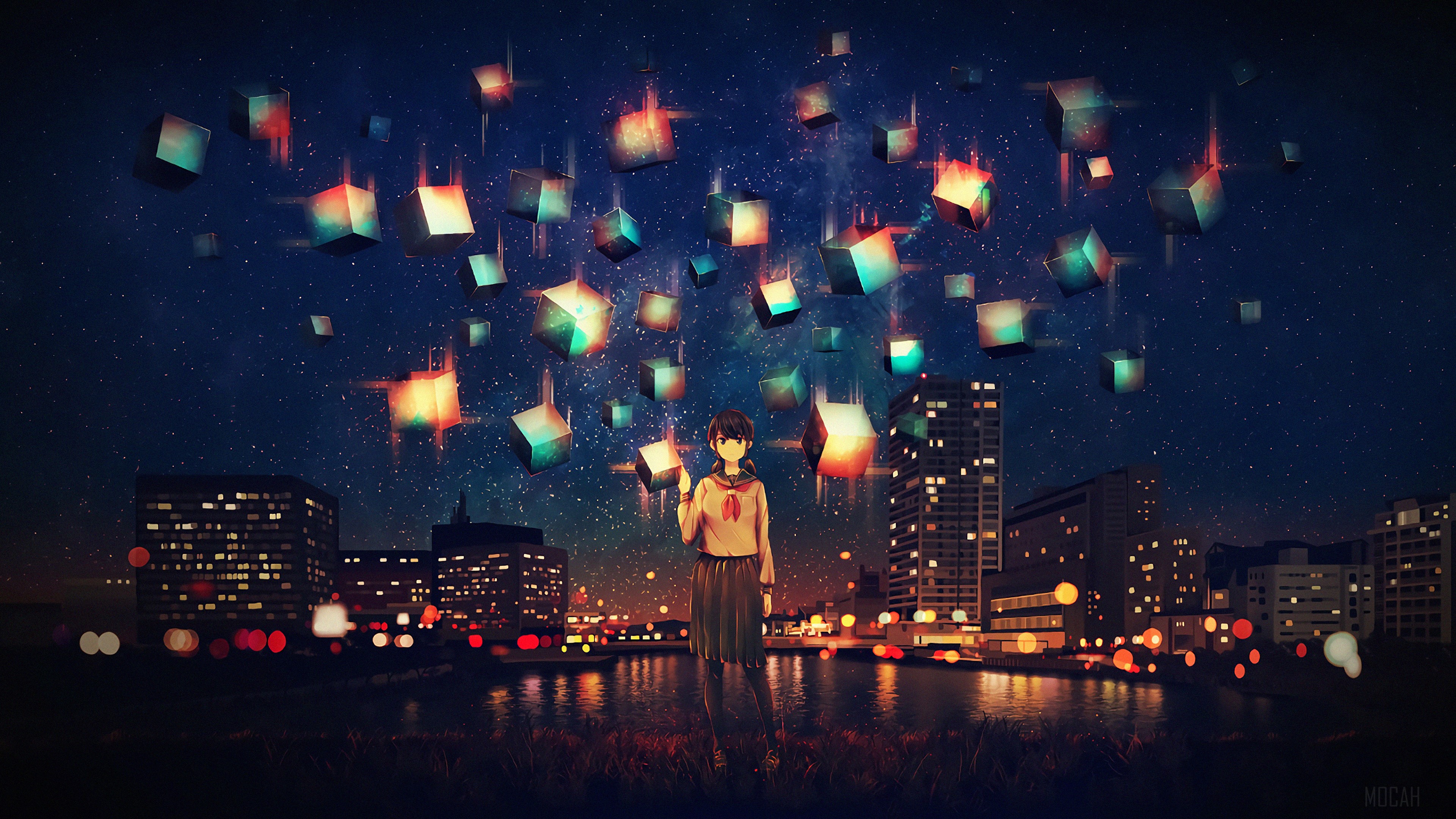 Anime girl with glowing cubes in city at night 4K HD Wallpaper