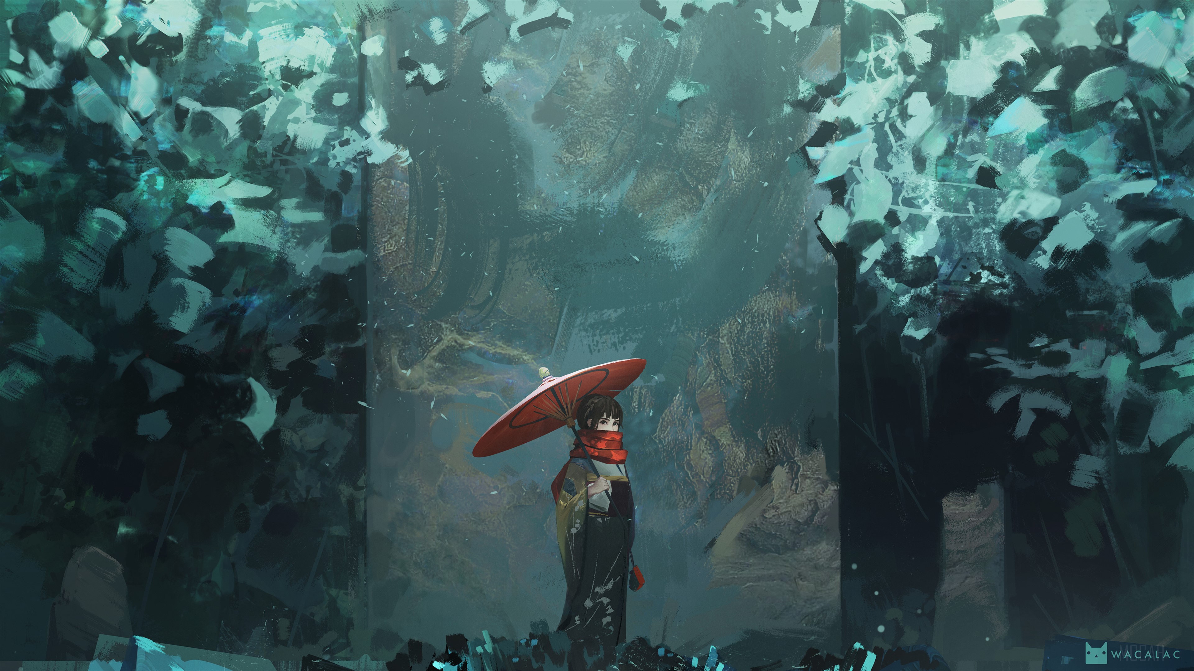 A woman with a red umbrella in a mystical forest HD Wallpaper