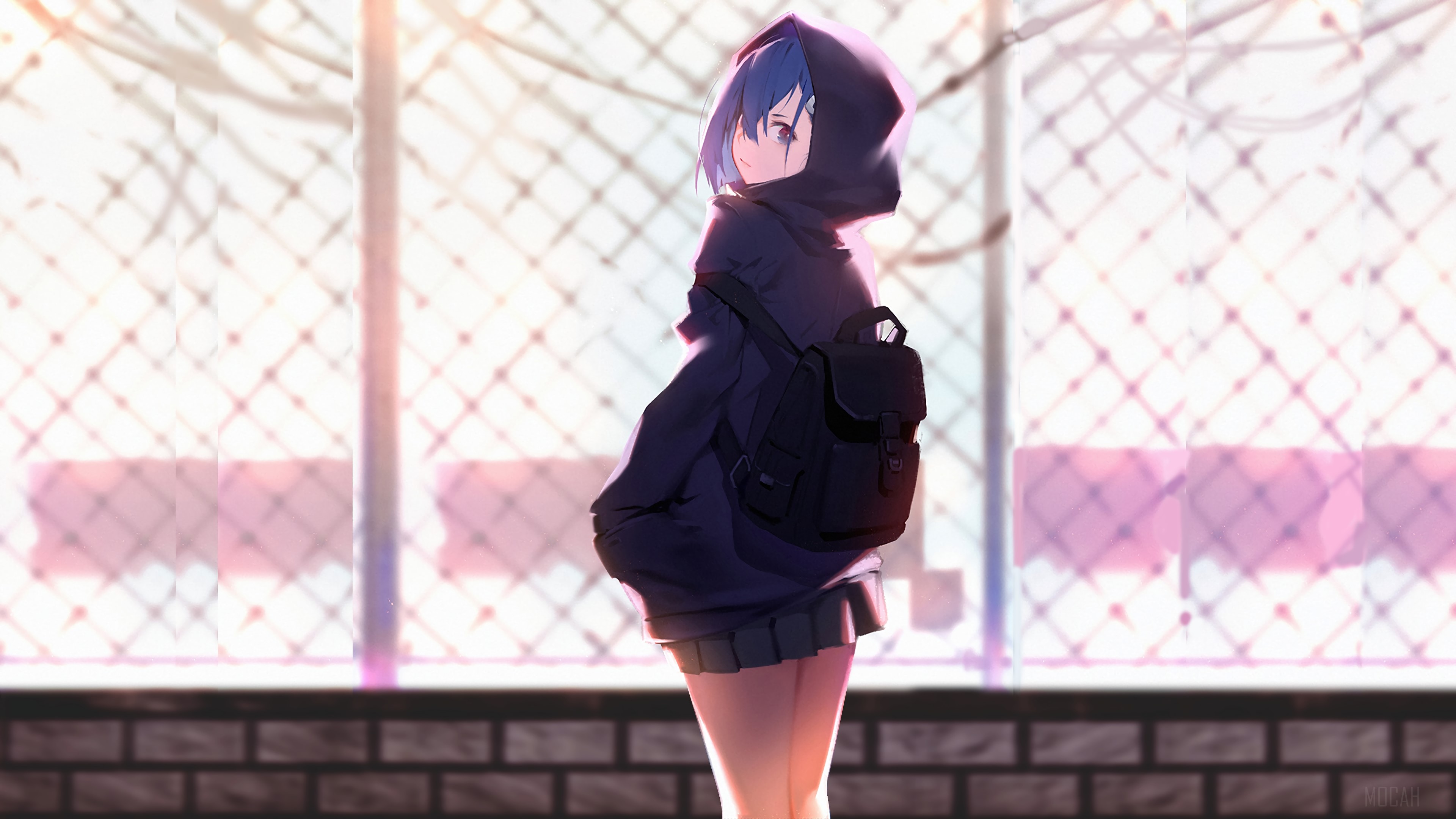 Anime Girl with Blue Hair in Hoodie 4K HD Wallpaper