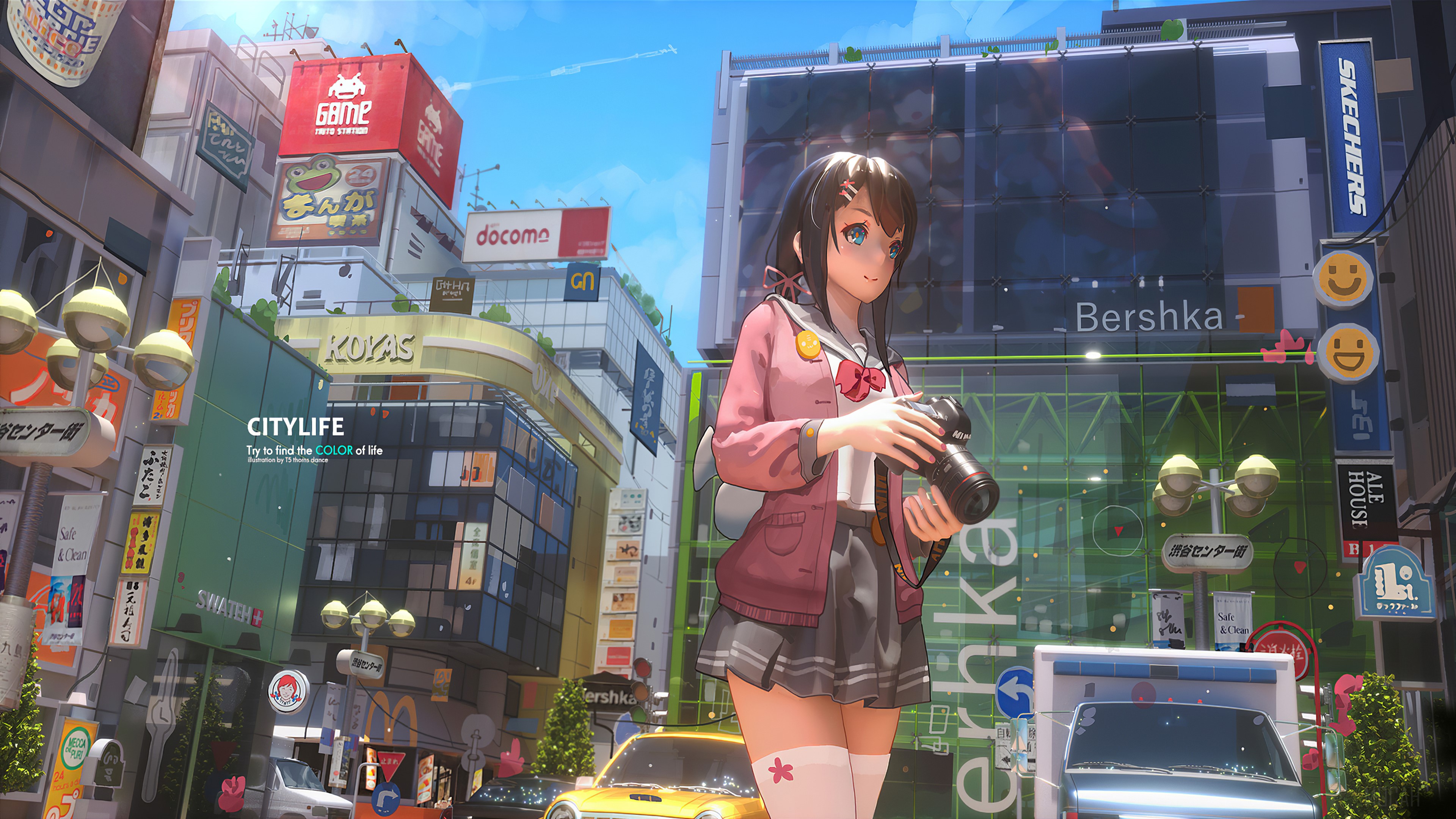 Anime Girl With Camera in City Life 4K HD Wallpaper