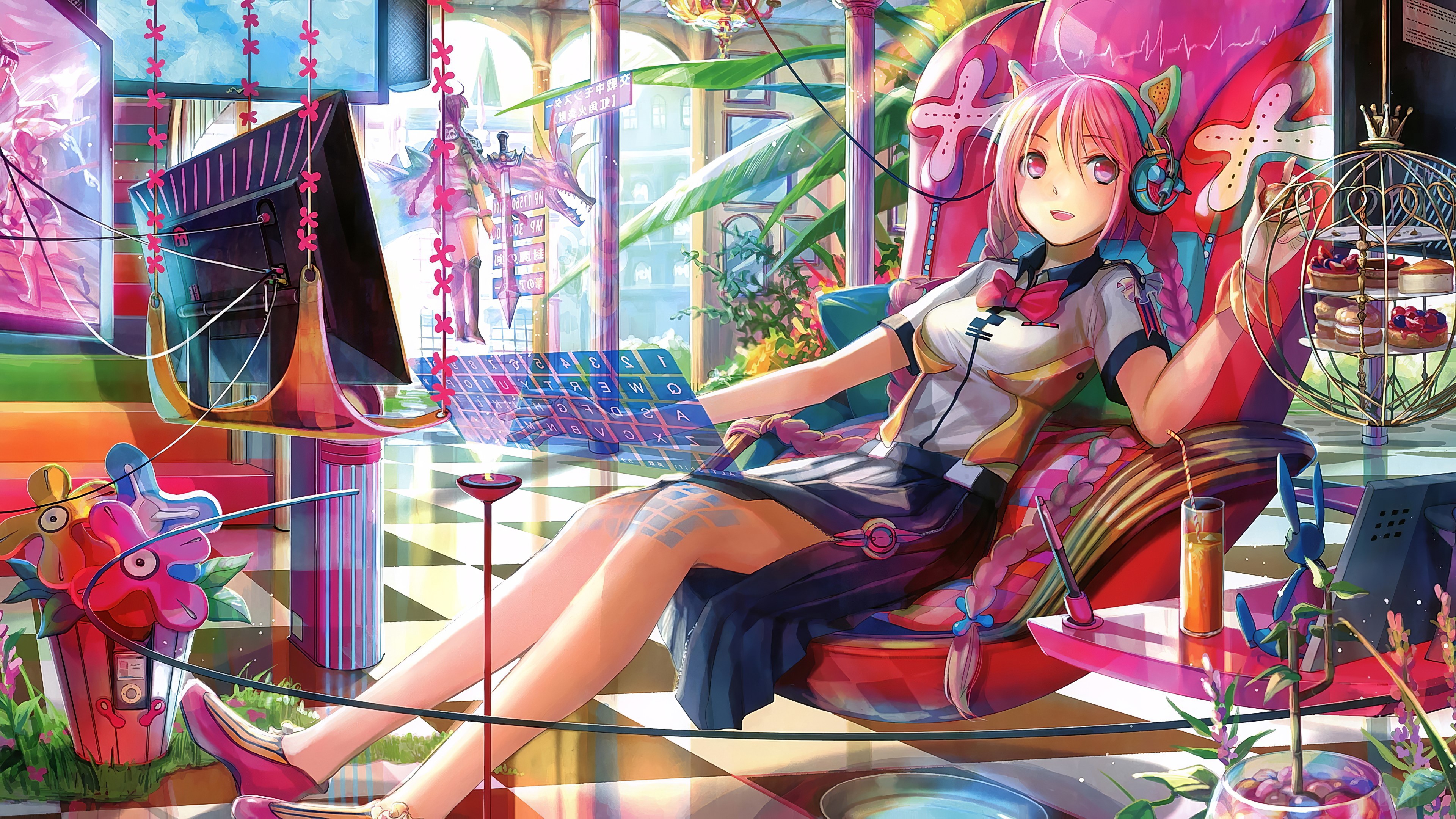 Colorful Anime Girl with Headphones and Futuristic Keyboard HD Wallpaper