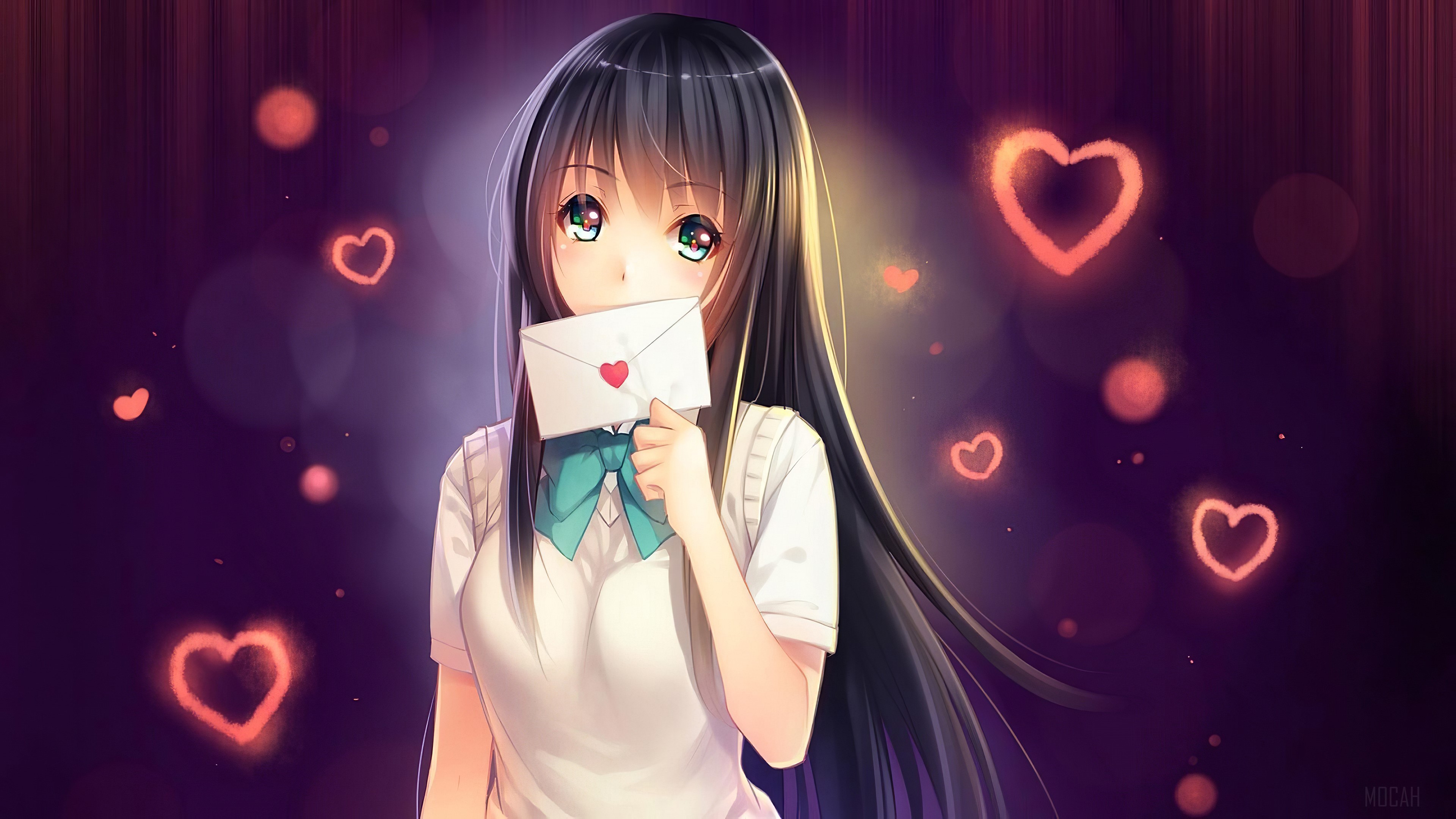 Anime girl holding a love letter with hearts HD Wallpaper
