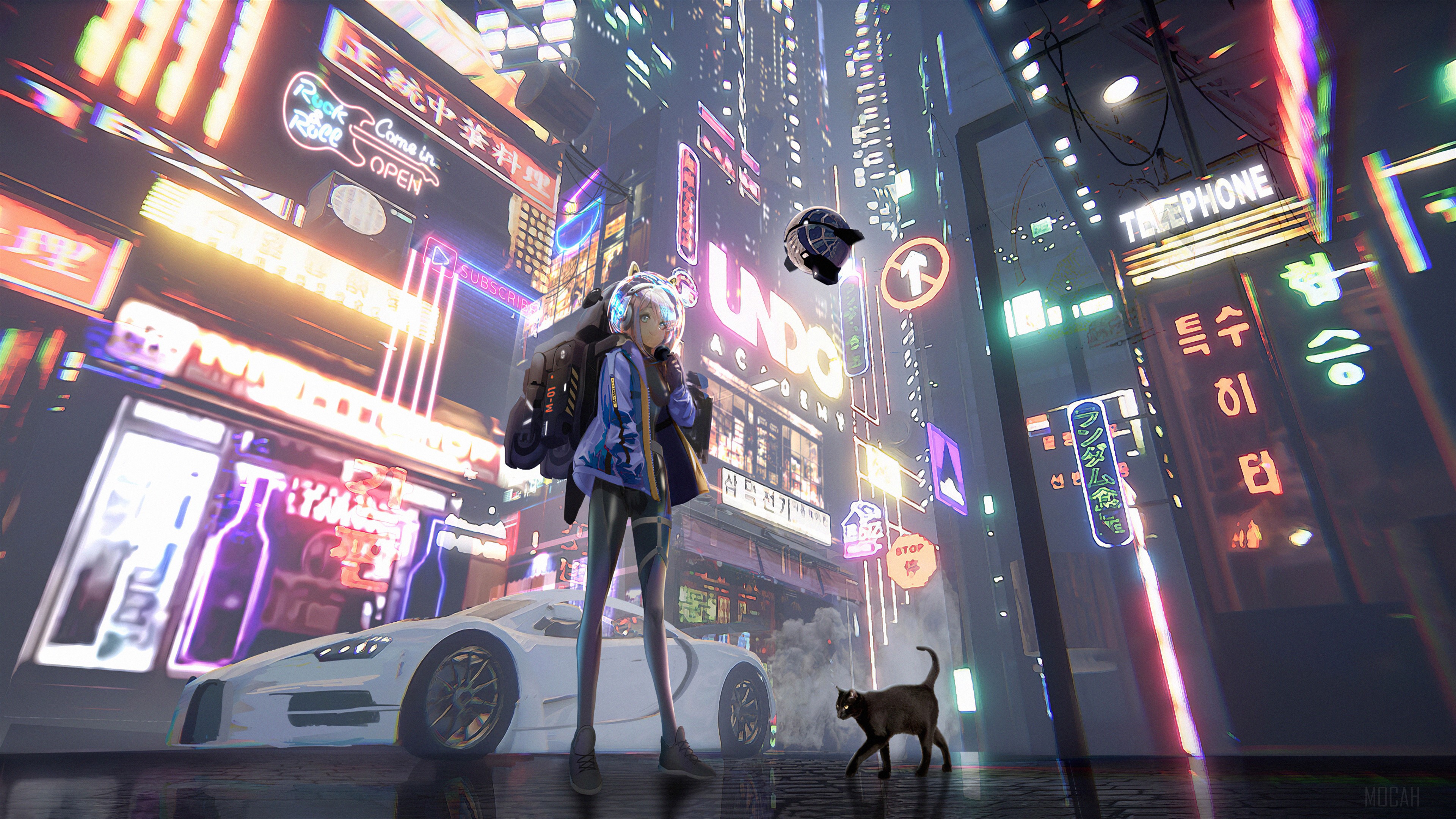 Anime Girl in Neon City 4K HD Wallpaper