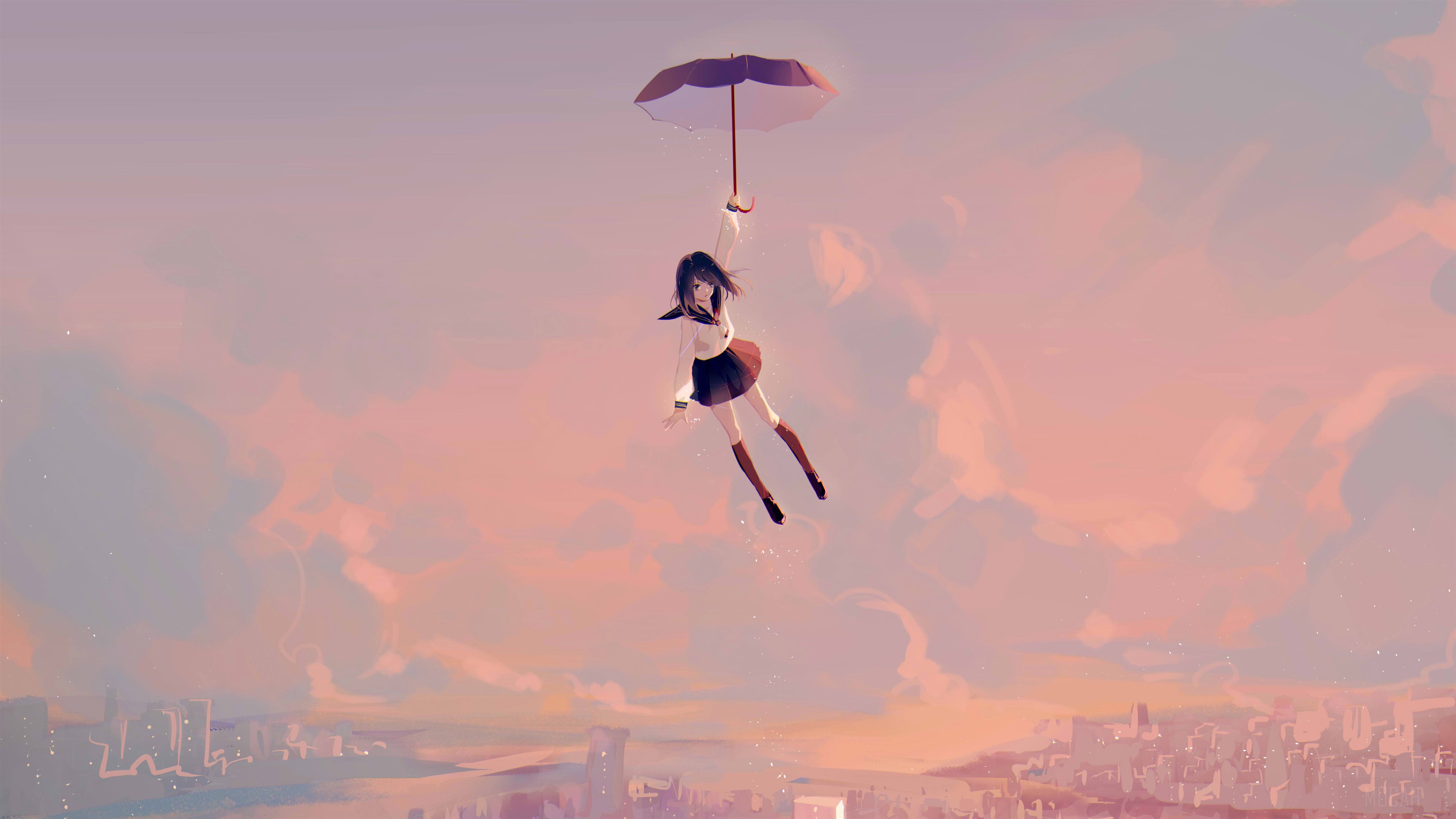 Anime Girl Flying With Umbrella HD Wallpaper