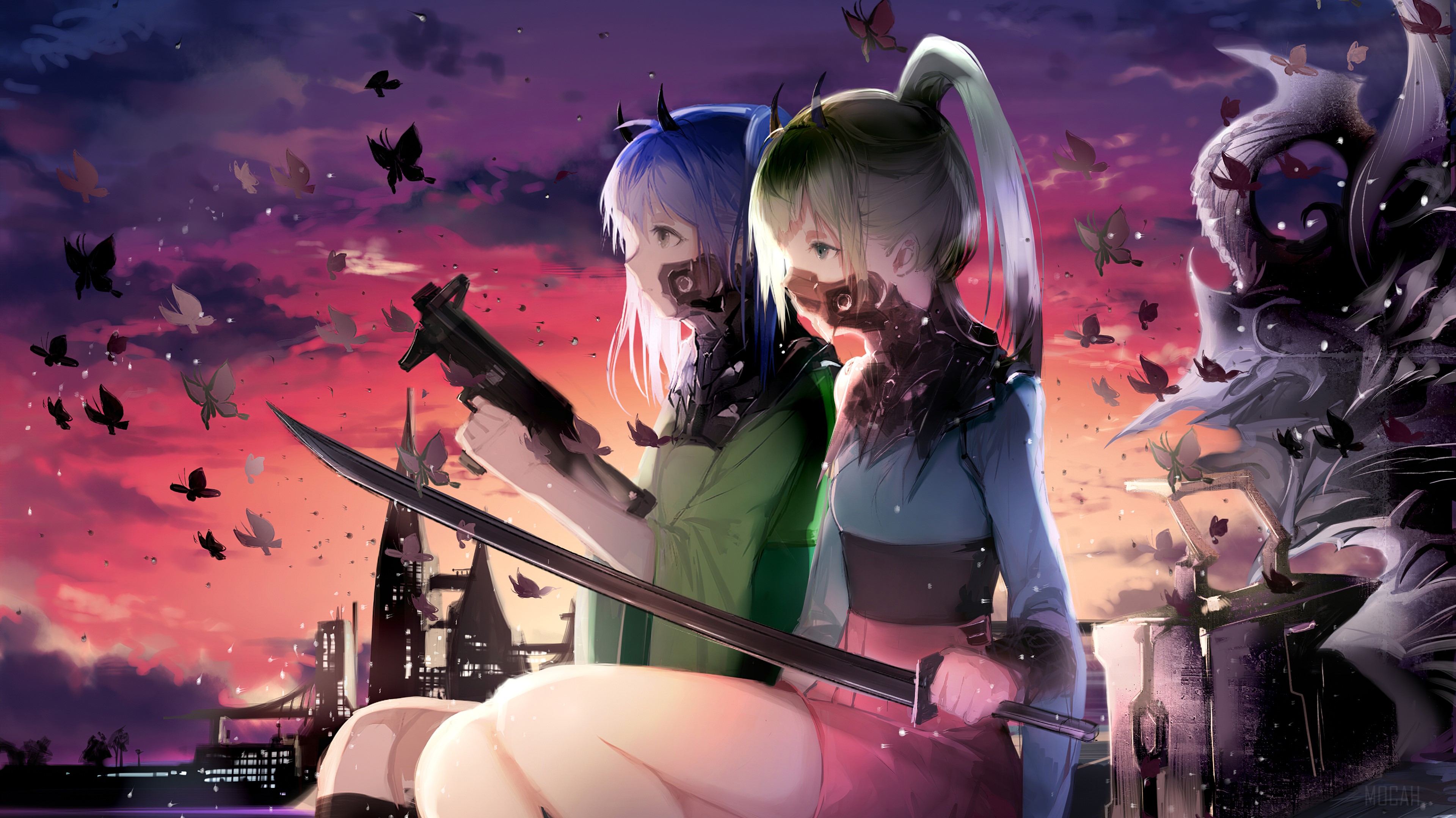 Anime Girls with Horns and Weapons 4K HD Wallpaper