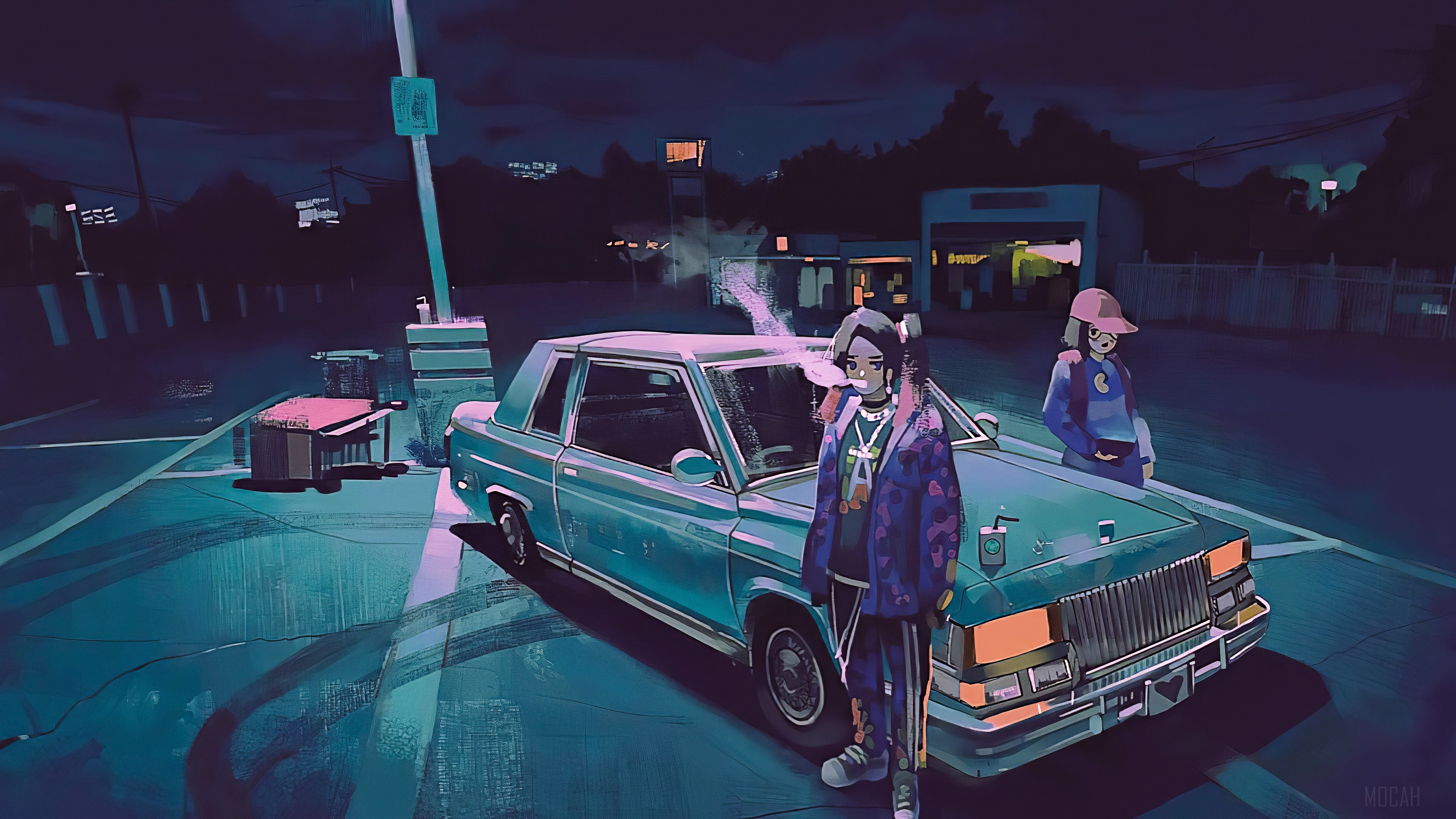 Anime girls in parking lot 4k HD Wallpaper