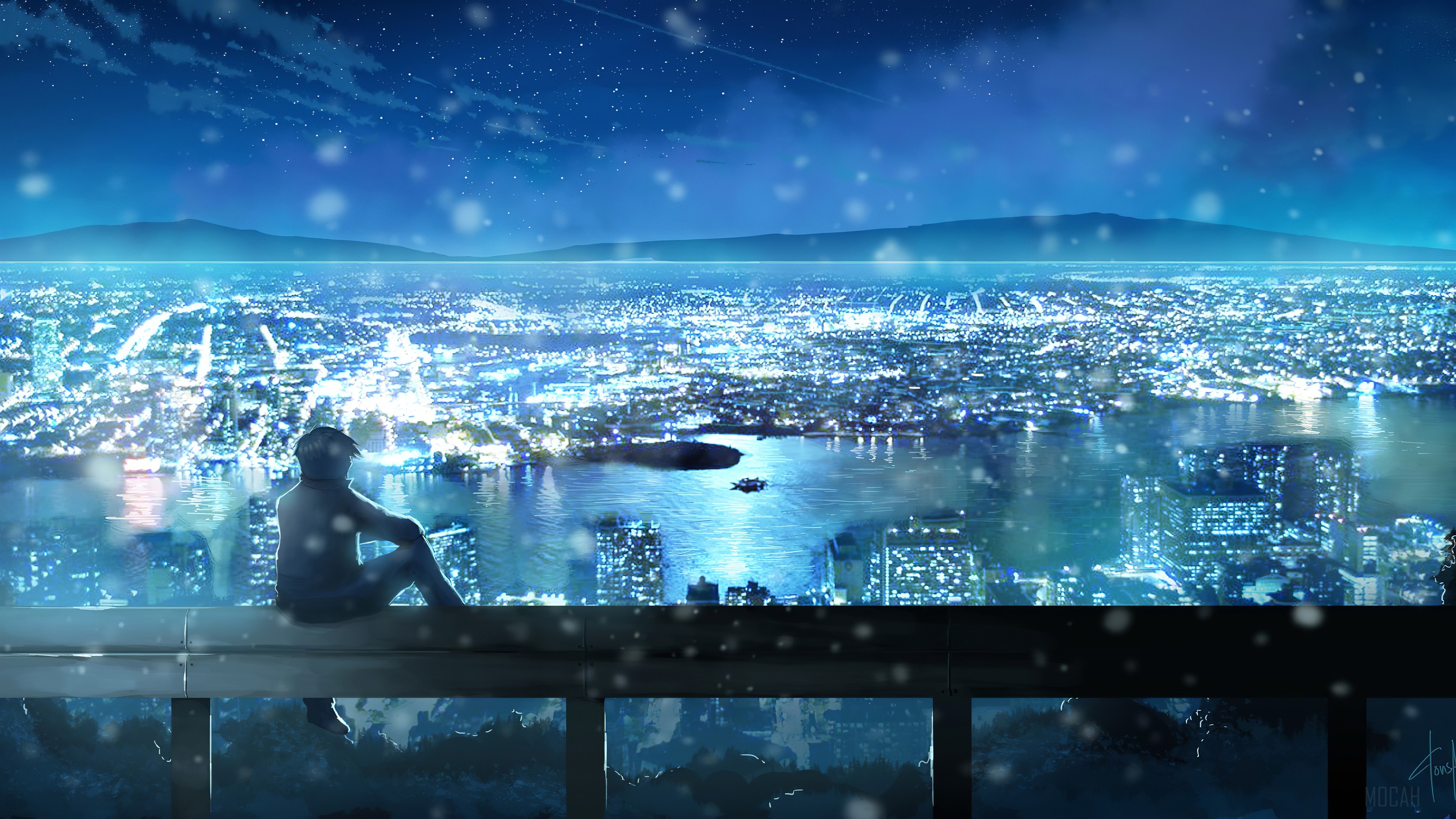 Person overlooking a city at night in 4K HD Wallpaper