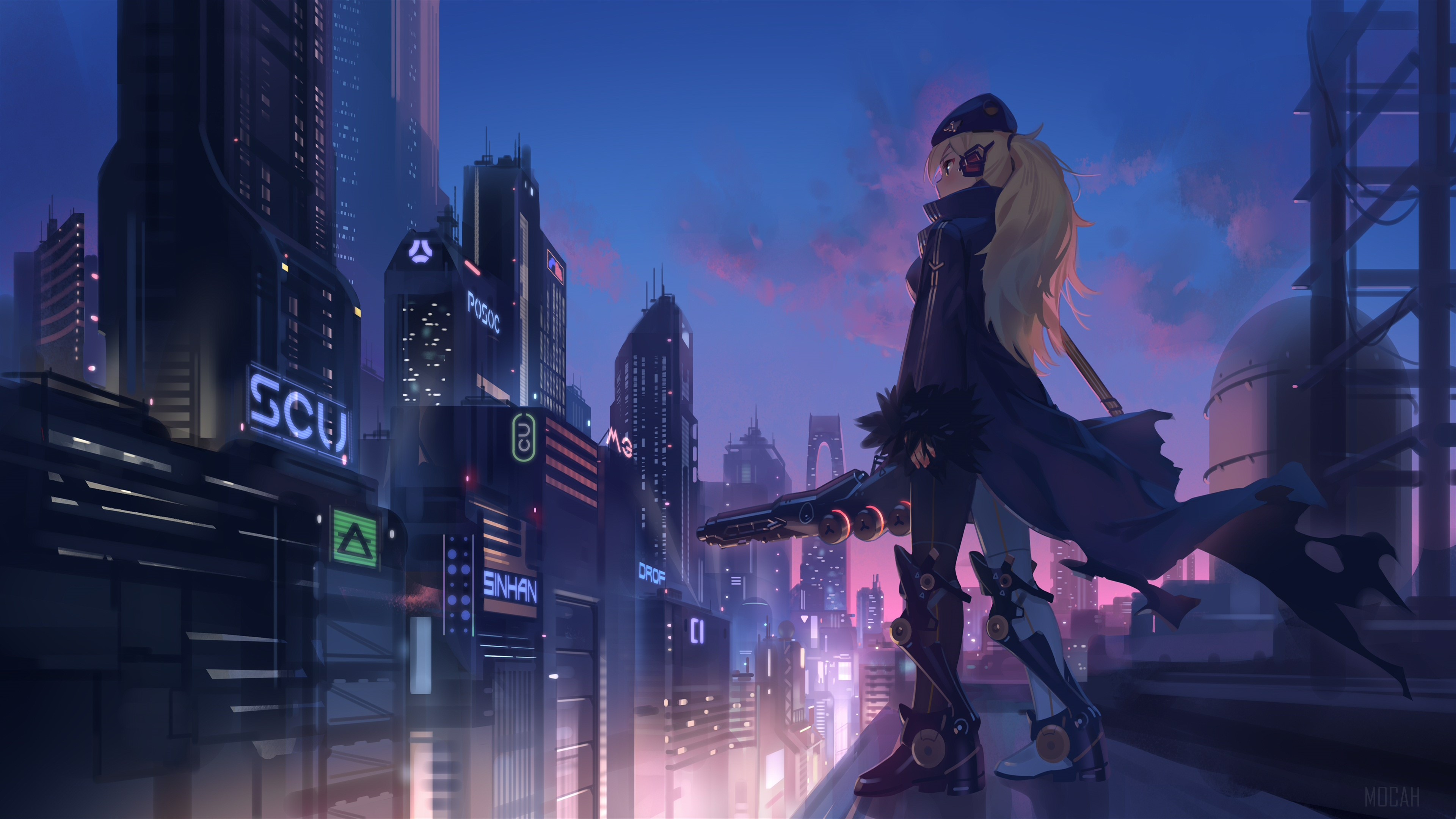 Anime Girl with Gun in Futuristic City 4K HD Wallpaper
