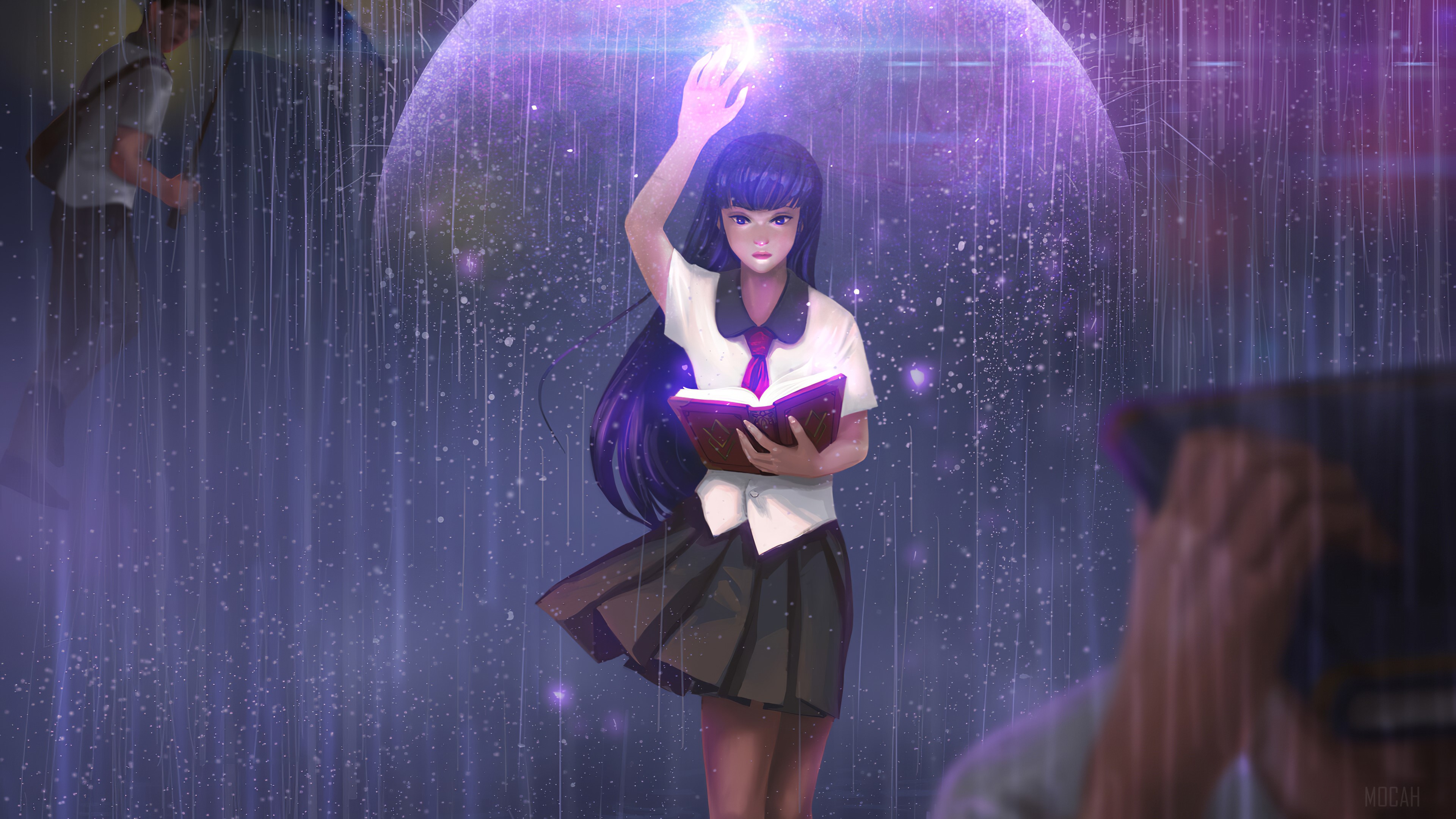 Girl with Book in Magical Rain 4K HD Wallpaper