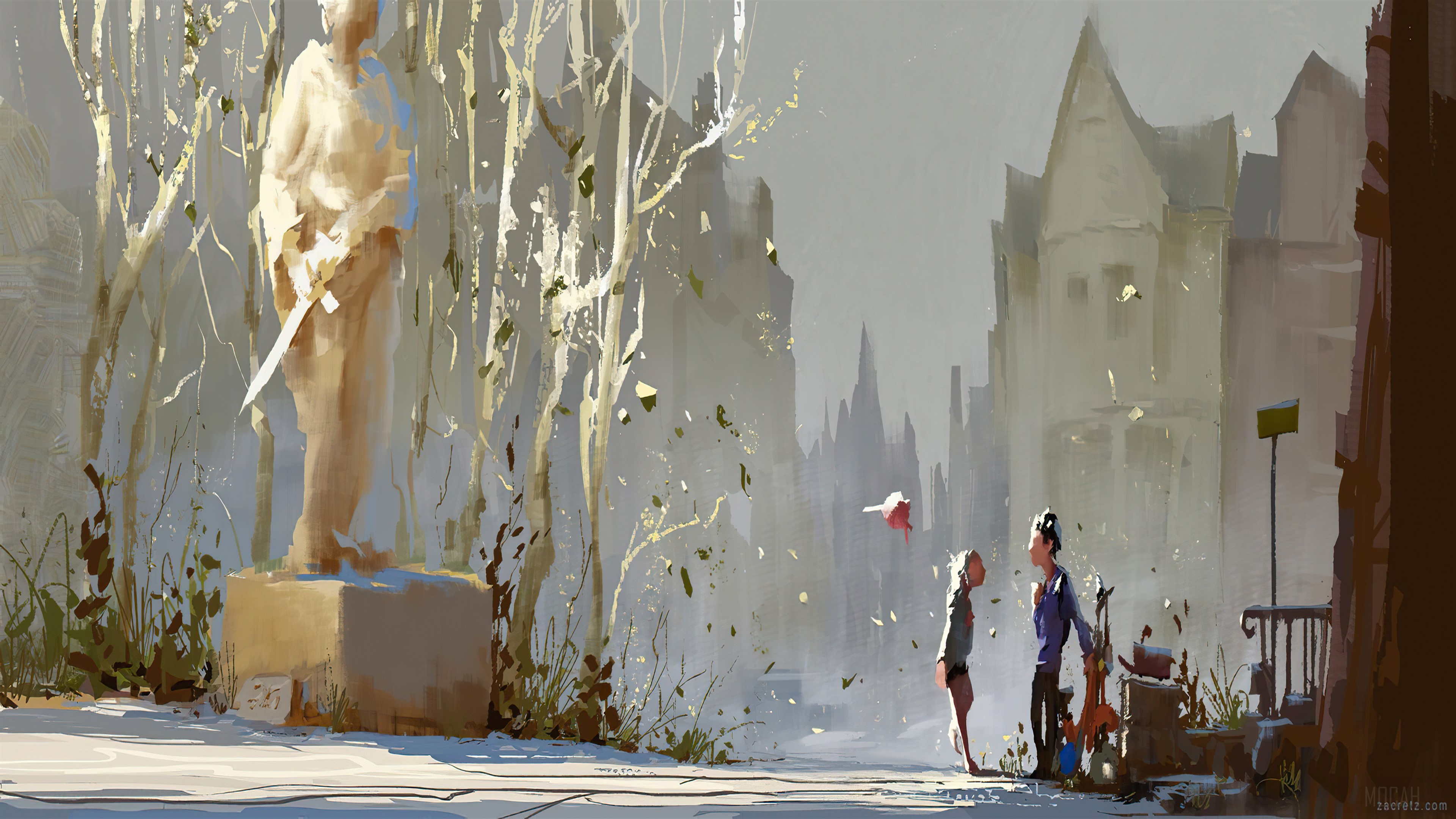 Statue and two people in a town square 4K HD Wallpaper
