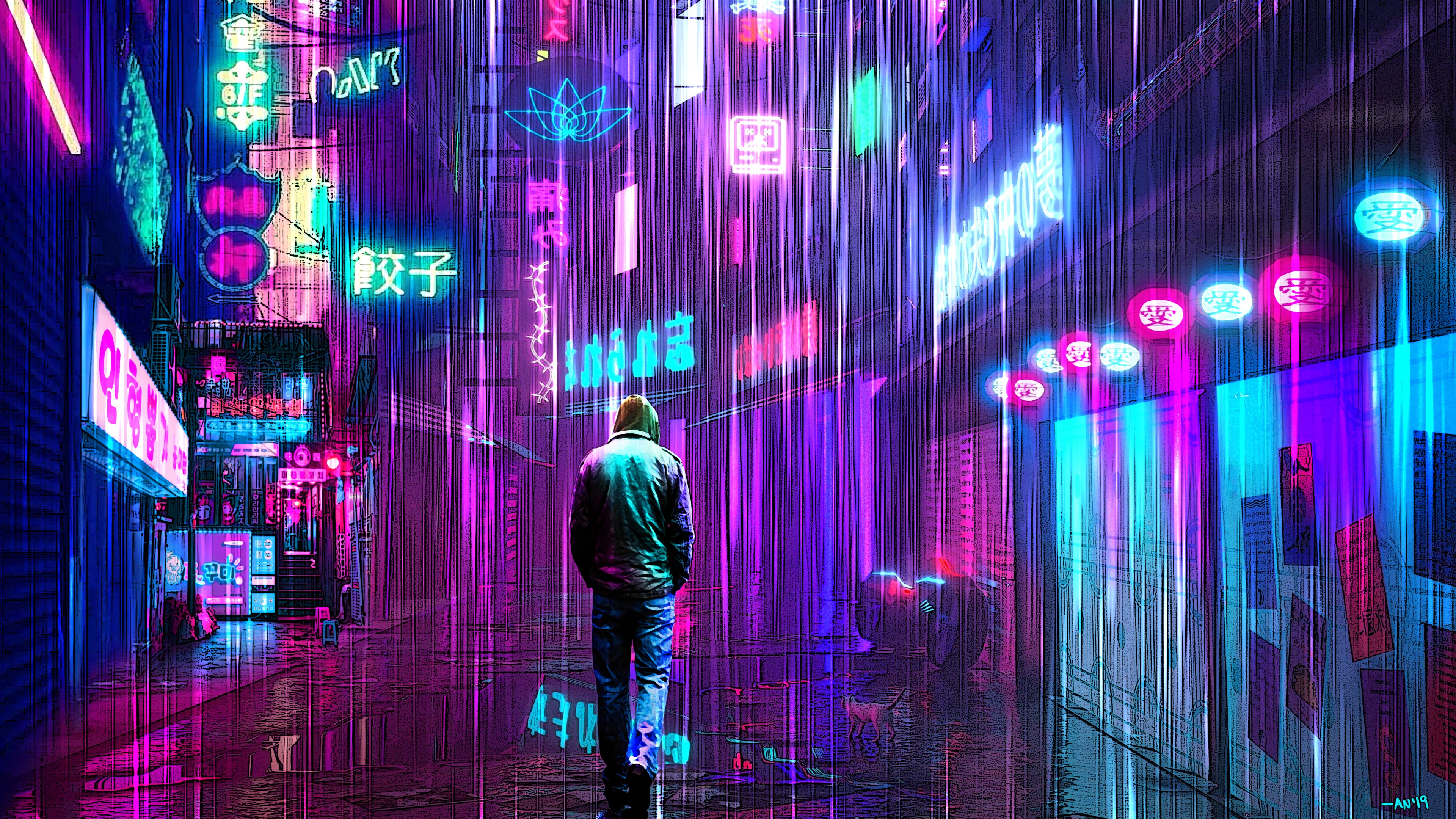 Cyberpunk Neon Rainy Street 4K HD Wallpaper