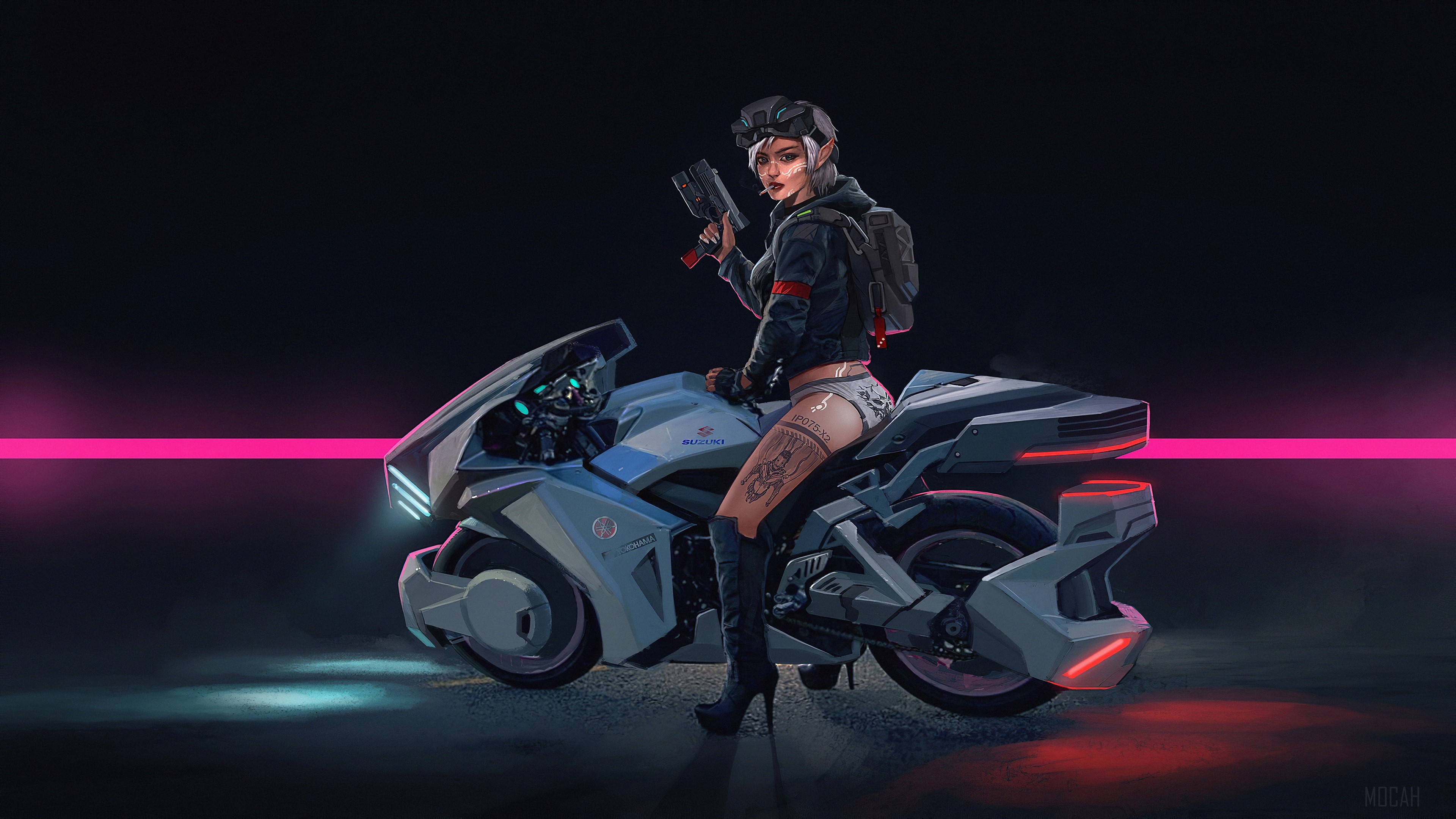 Cyberpunk girl with gun on a futuristic motorcycle HD Wallpaper