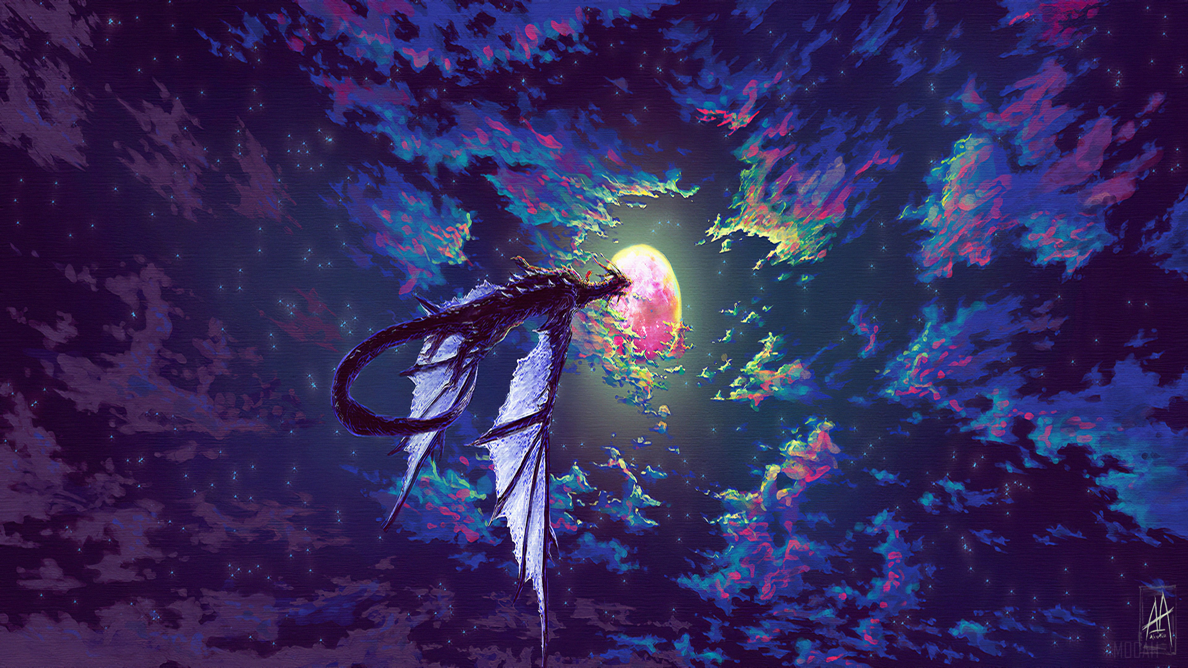 Dragon flying towards a colorful moon in a starry sky HD Wallpaper