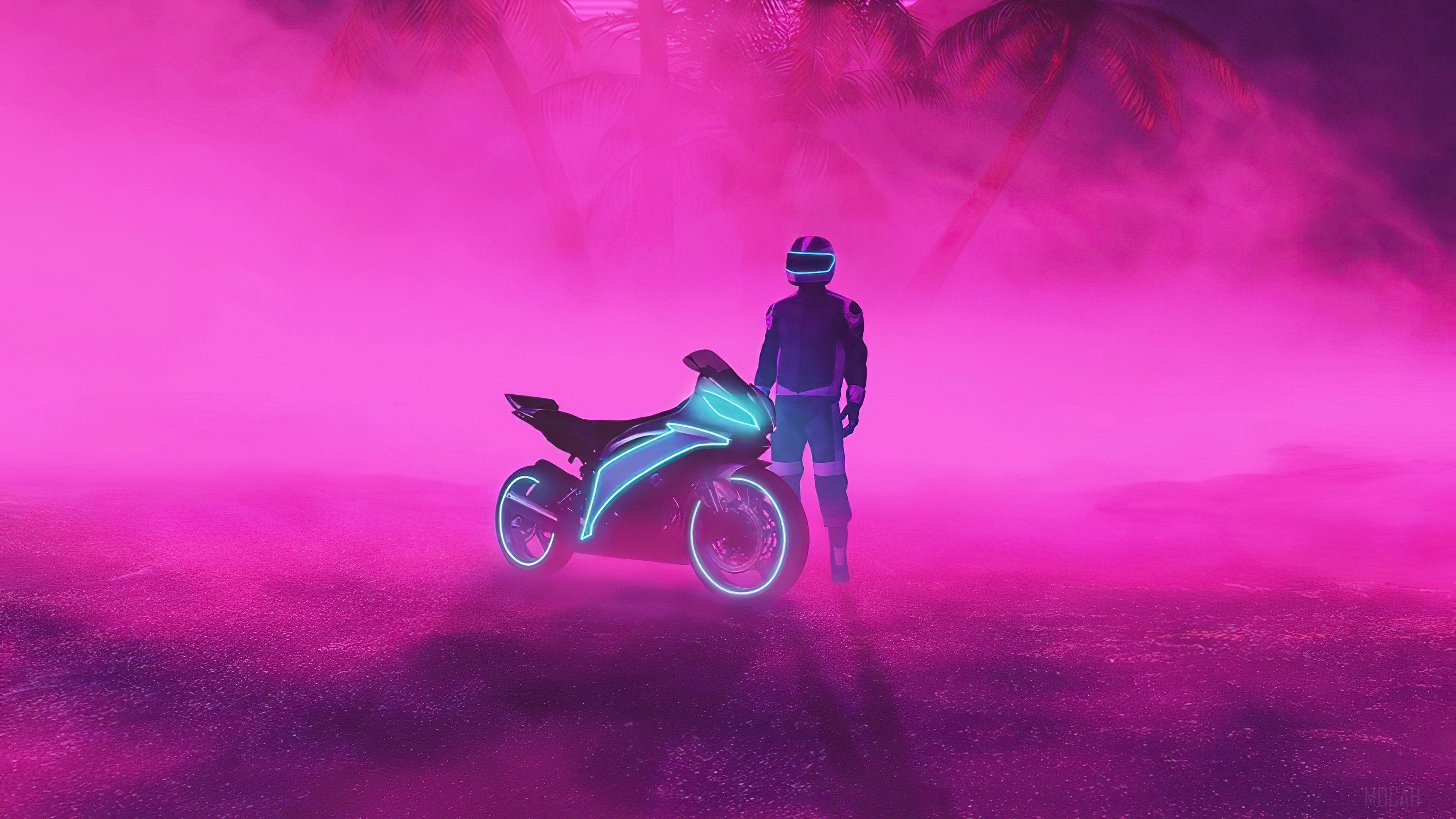 Neon Biker with Motorcycle in Pink Fog 4K HD Wallpaper