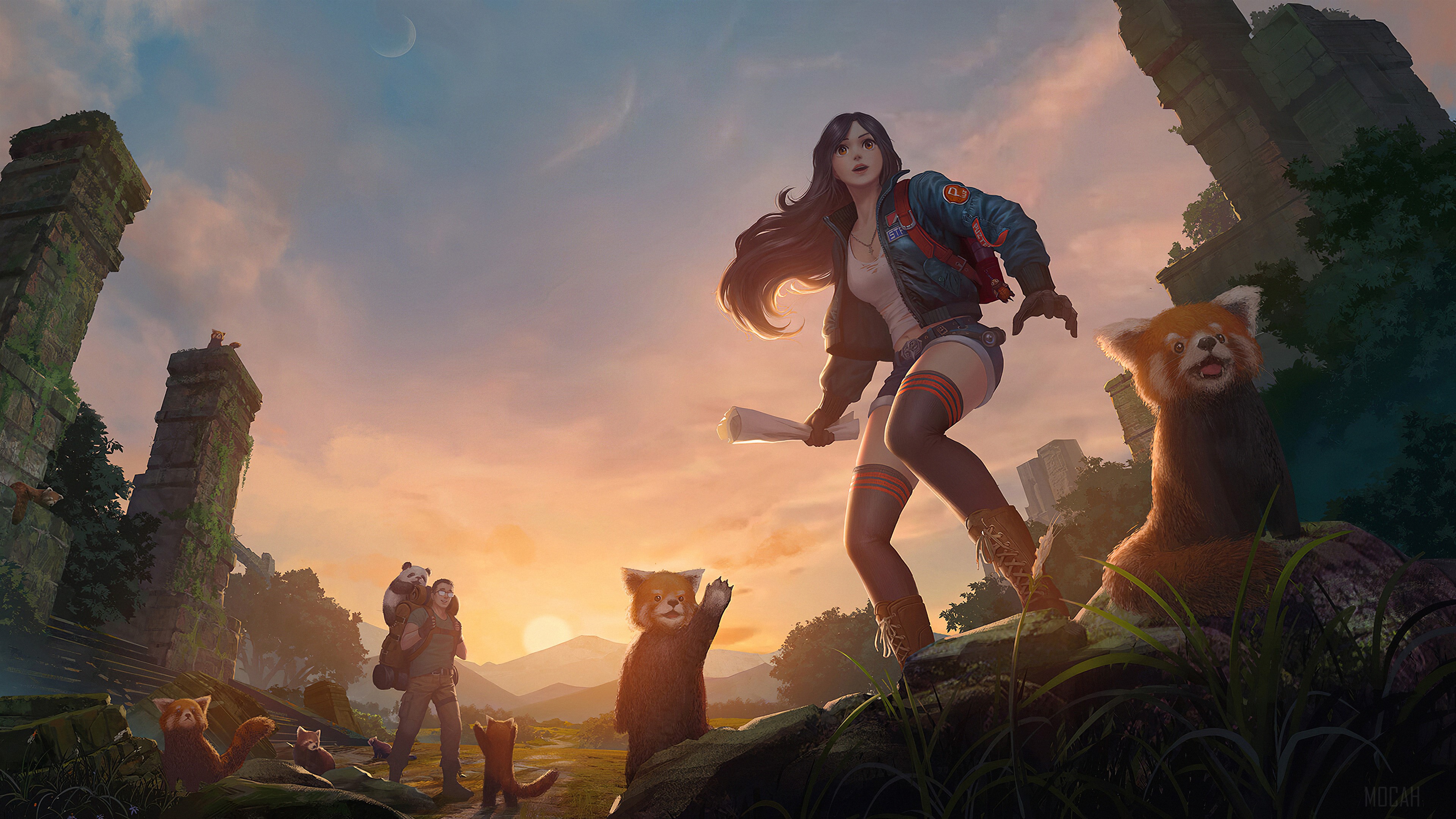 Girl with Red Pandas in Ruins 4K HD Wallpaper