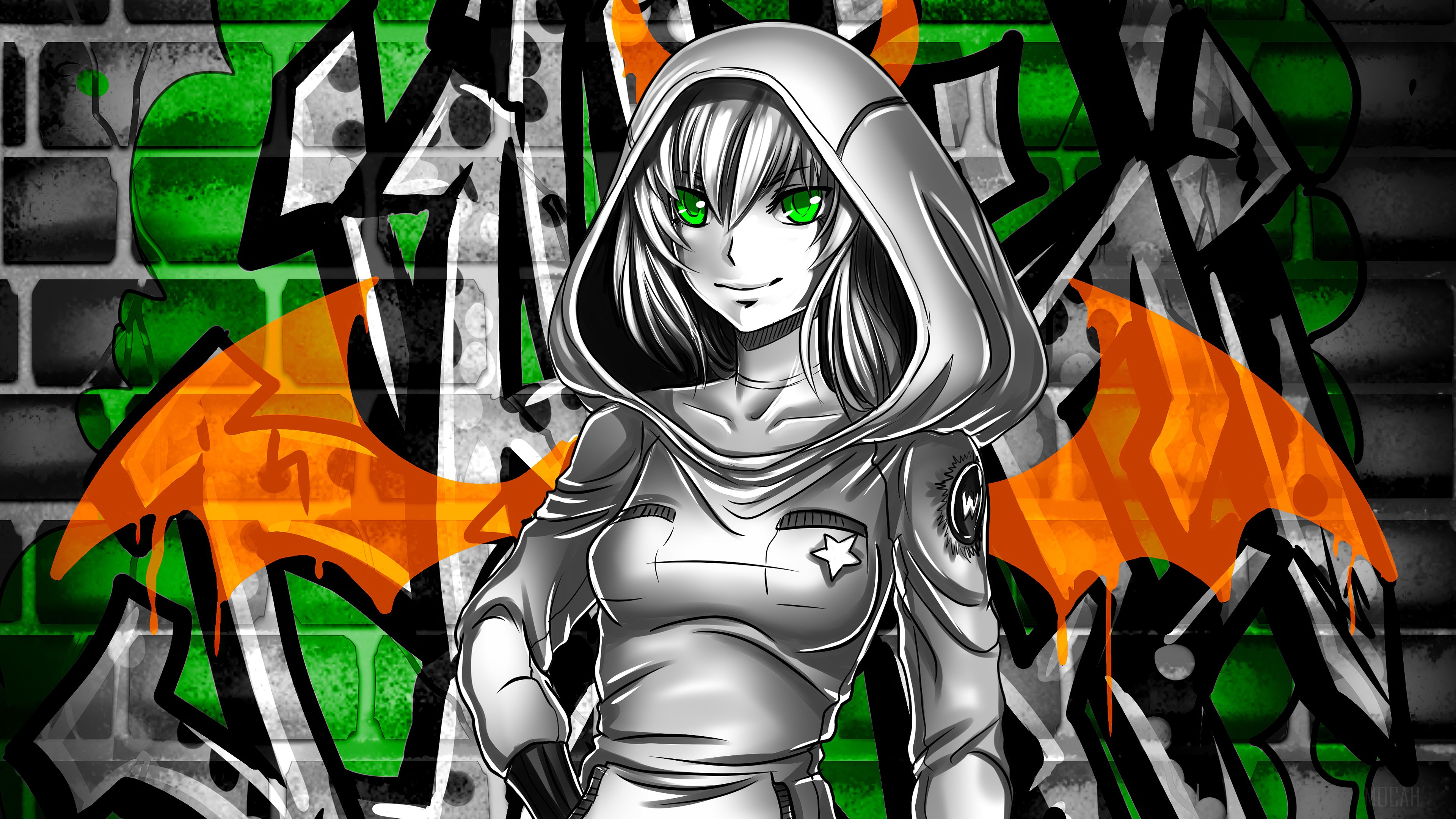 Girl with green eyes and wings against graffiti wall 4K HD Wallpaper