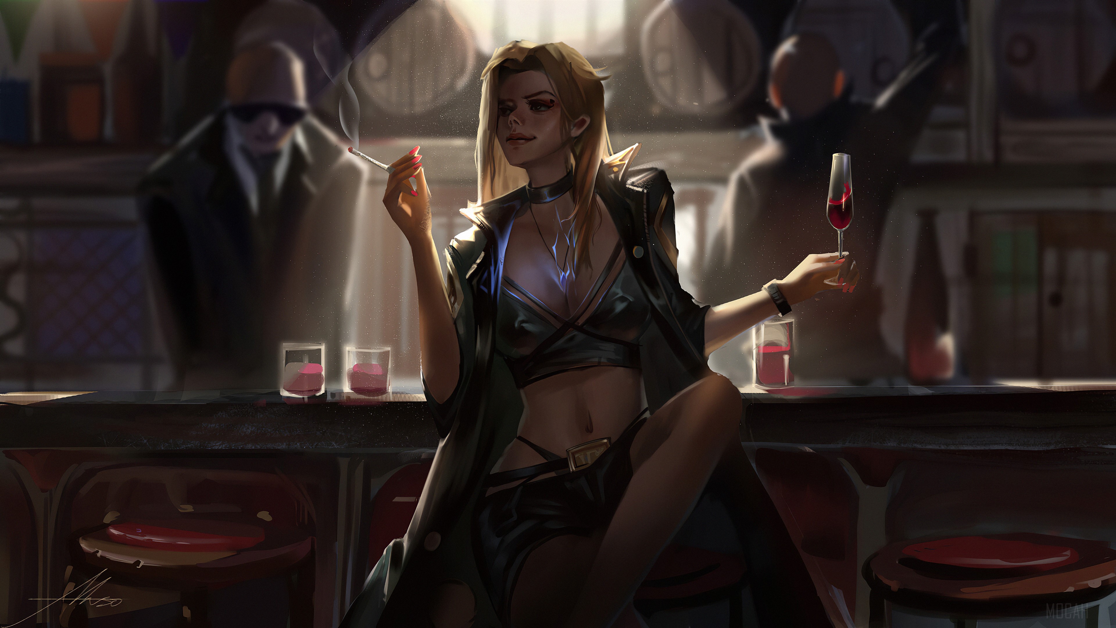 Woman in Bar Smoking and Drinking Wine 4K HD Wallpaper