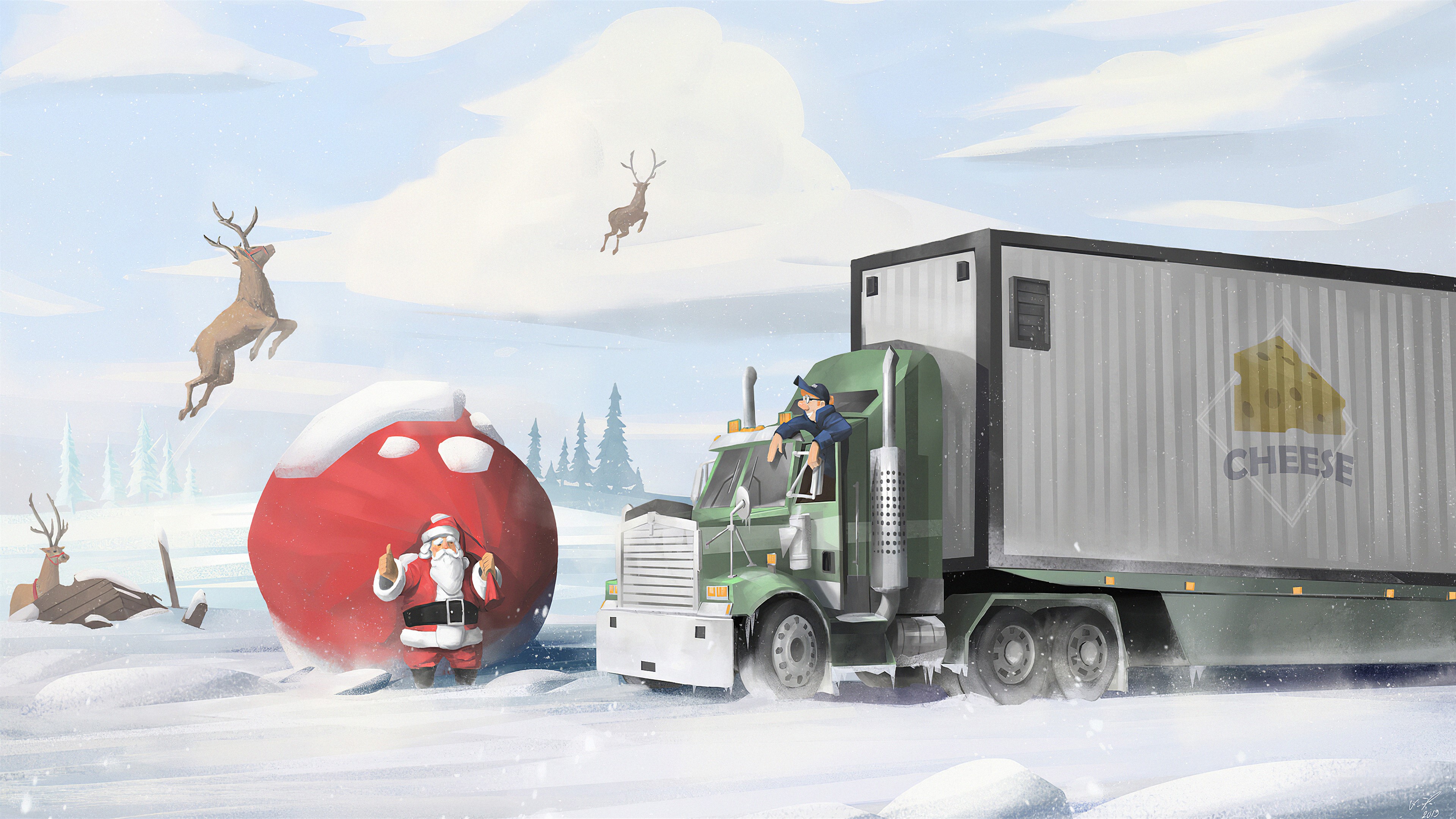 Truck Driver and Santa Claus in Snowy Landscape 4K HD Wallpaper