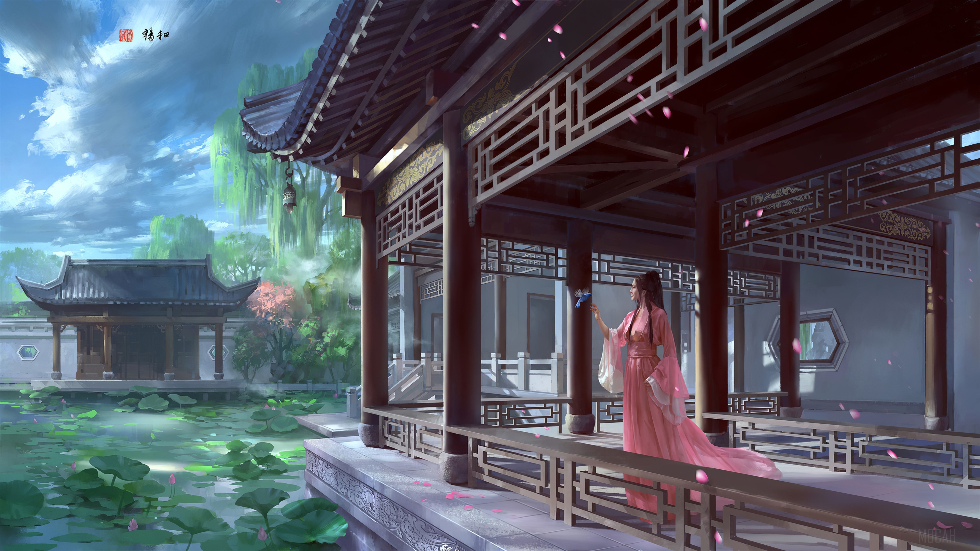 Girl in Chinese Dress in Garden 4K HD Wallpaper