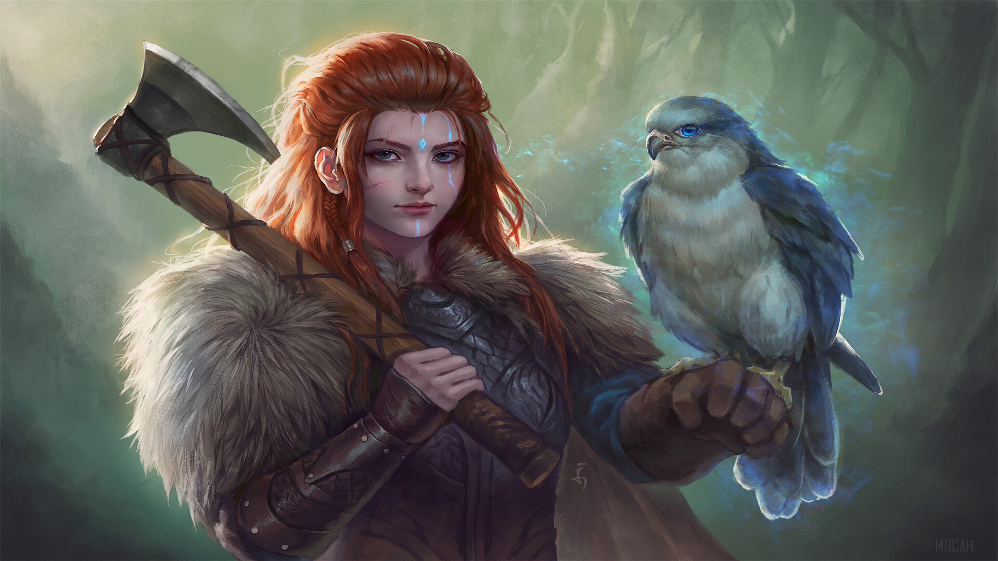 Viking Woman with Axe and Bird Companion 4K HD Wallpaper