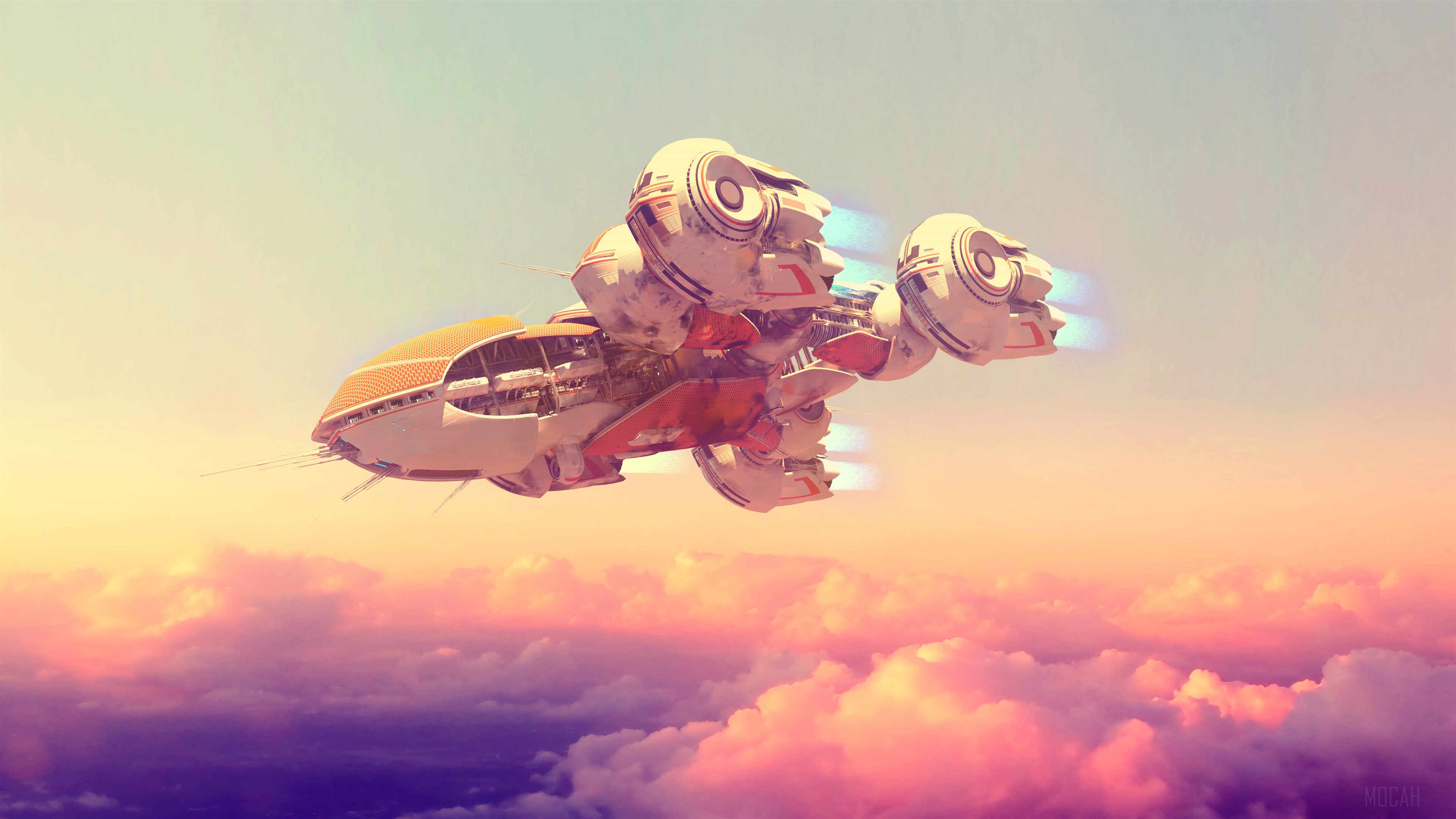 Scifi spaceship flying through clouds 4K HD Wallpaper