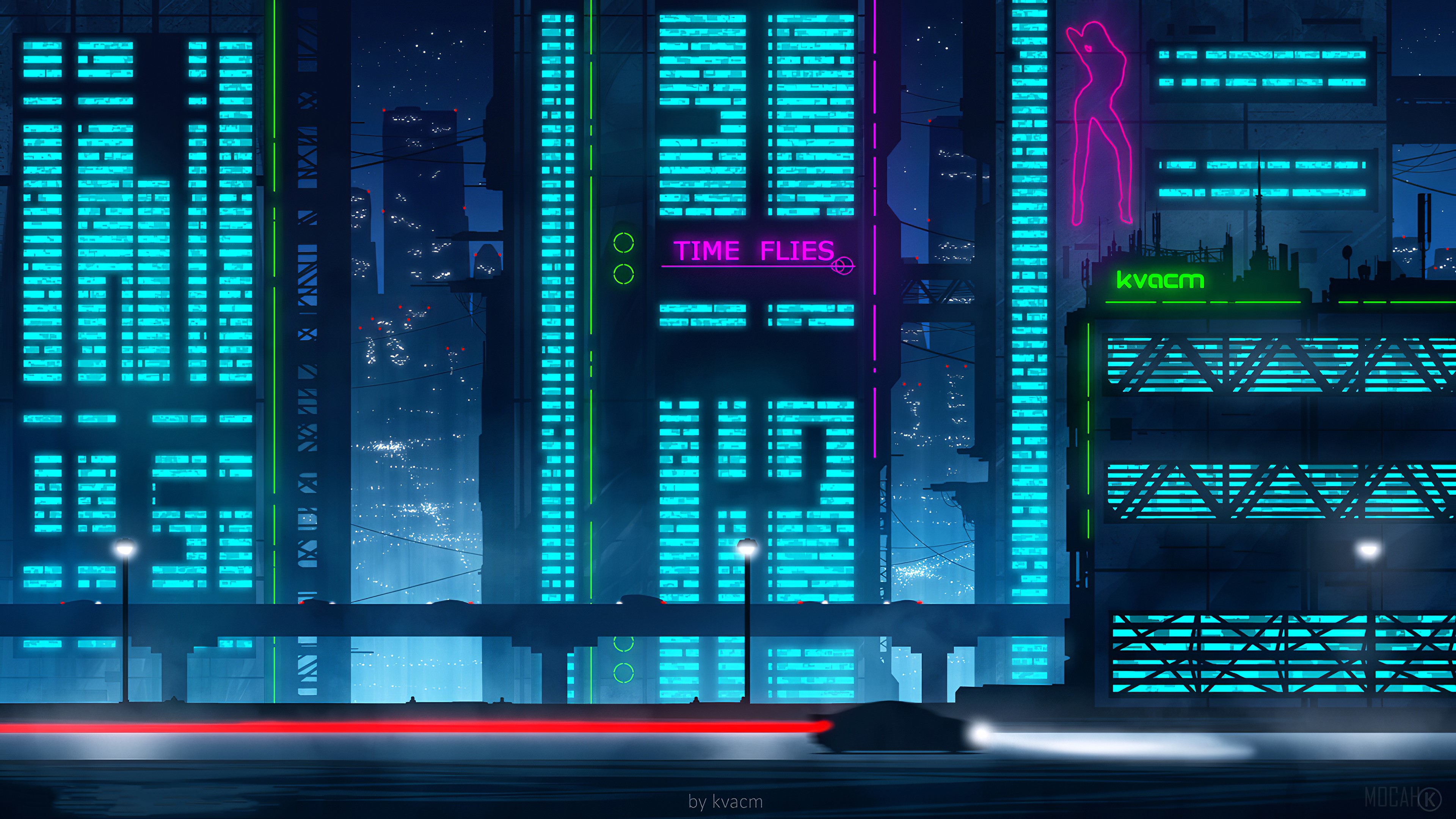 Retrowave city with neon signs and a car HD Wallpaper
