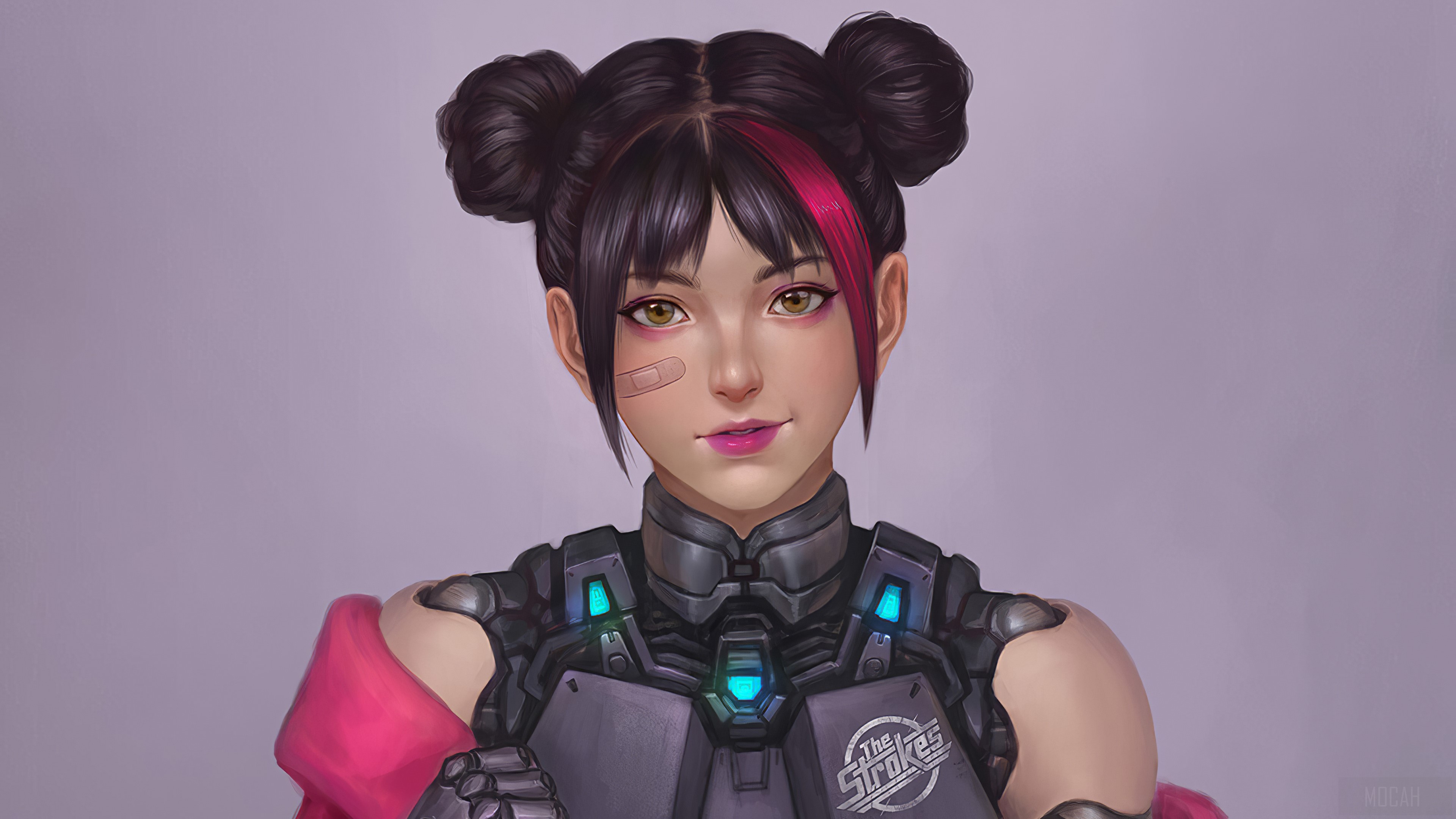 Girl with cybernetic enhancements and pink hair streaks HD Wallpaper