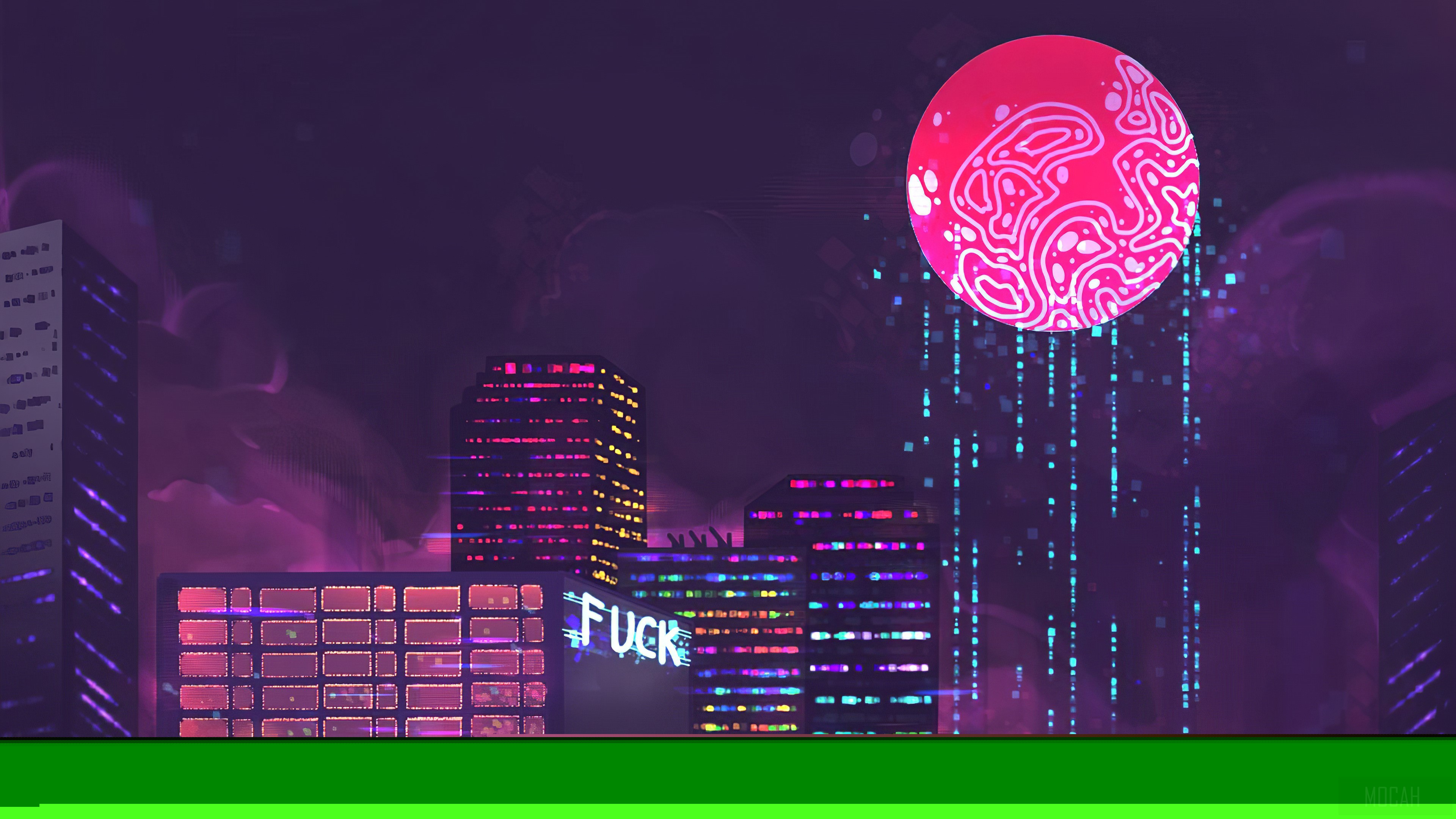 Cyberpunk Cityscape with Pink Moon 4K HD Wallpaper