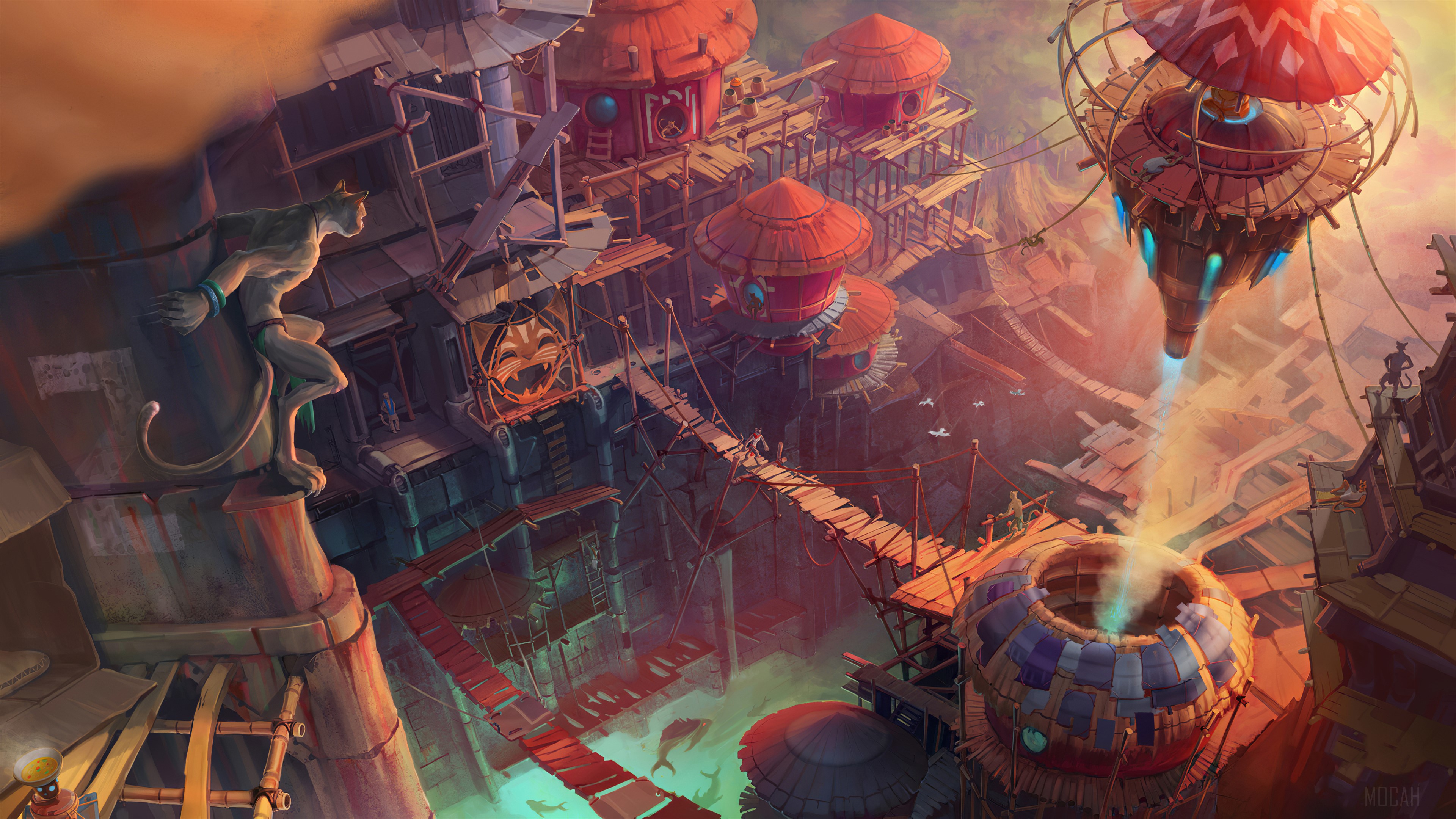 Fantasy city with a cat-like statue and a flying machine HD Wallpaper