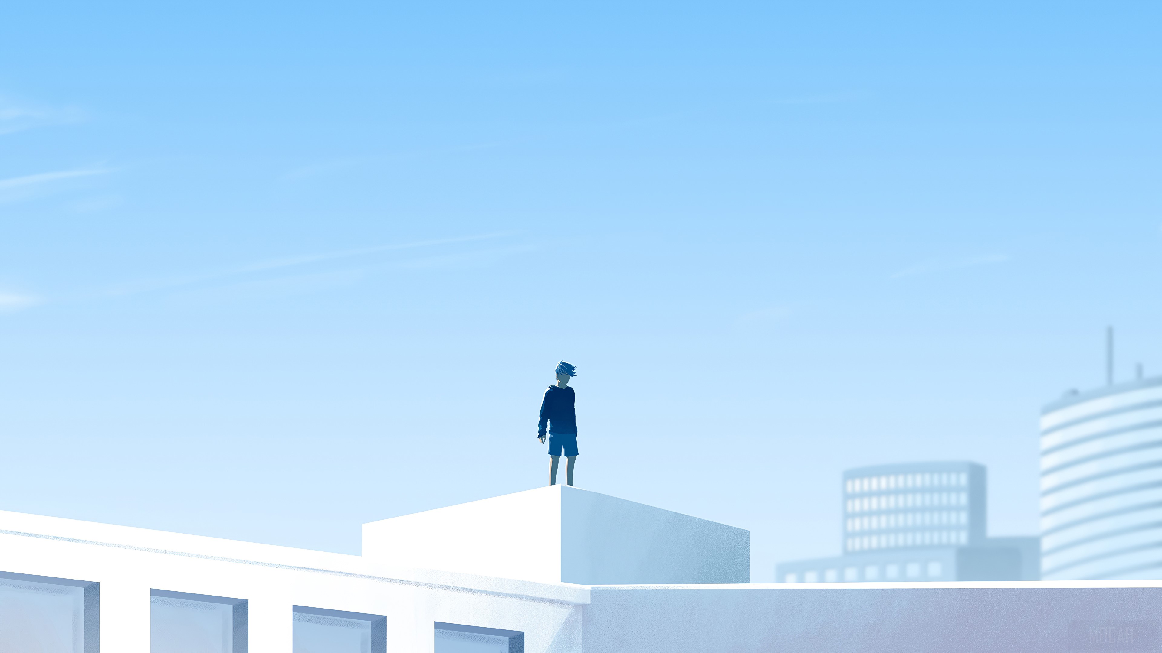 A lone figure stands on a rooftop against a clear blue sky HD Wallpaper