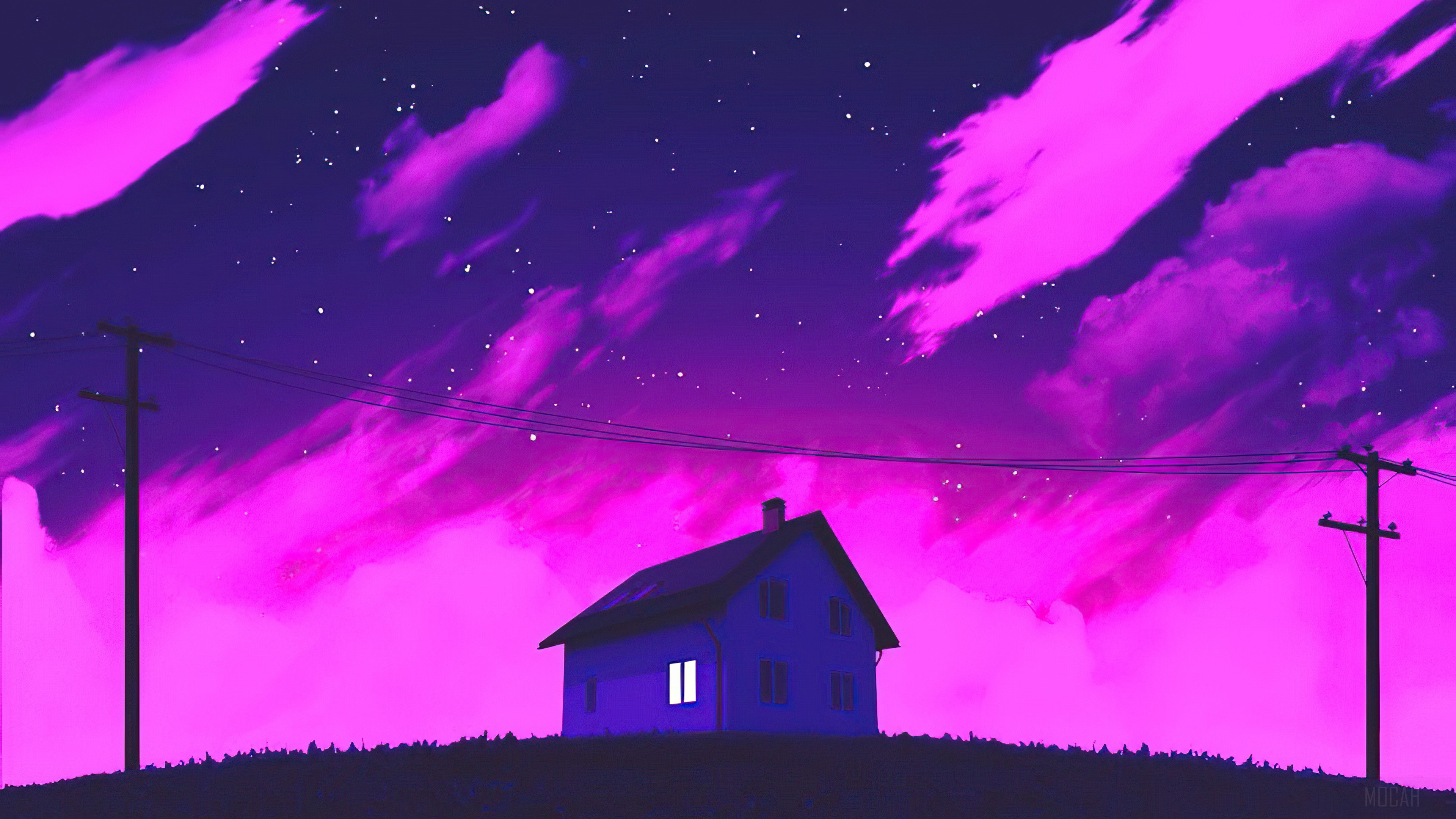 House on a hill with power lines and pink clouds 4K HD Wallpaper