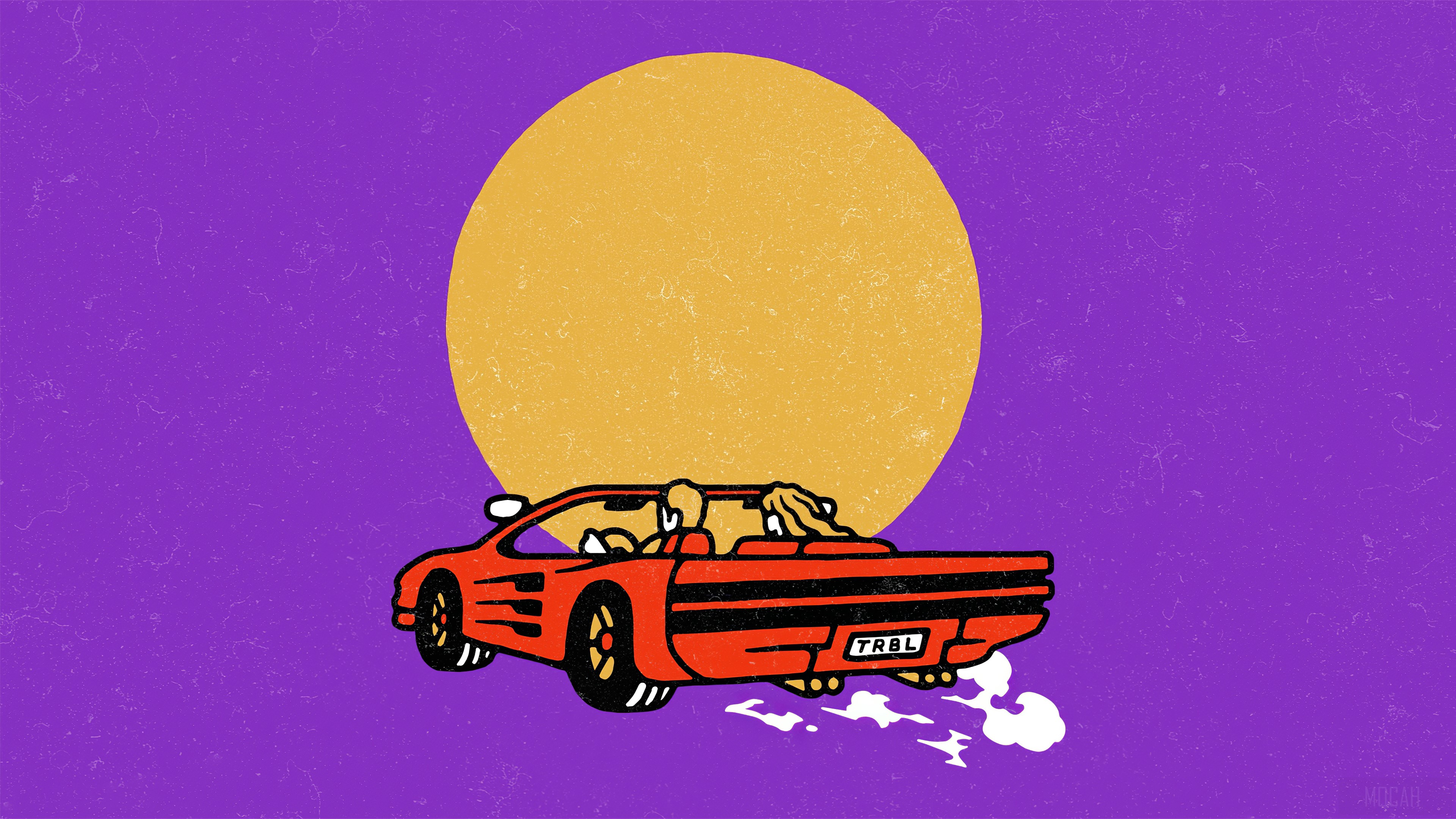 Car with people driving and a large sun HD Wallpaper