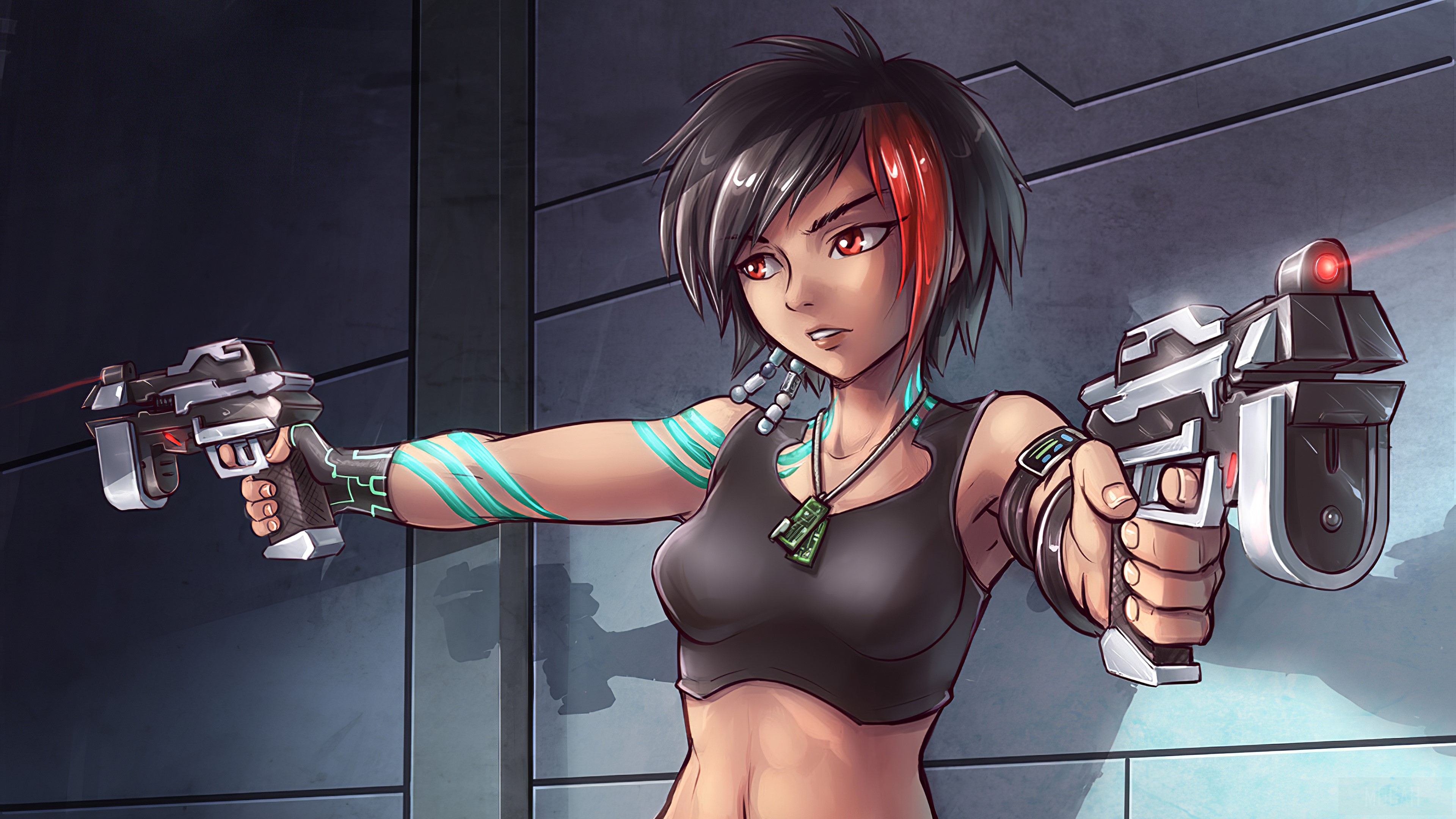Woman with guns and cybernetic arm HD Wallpaper