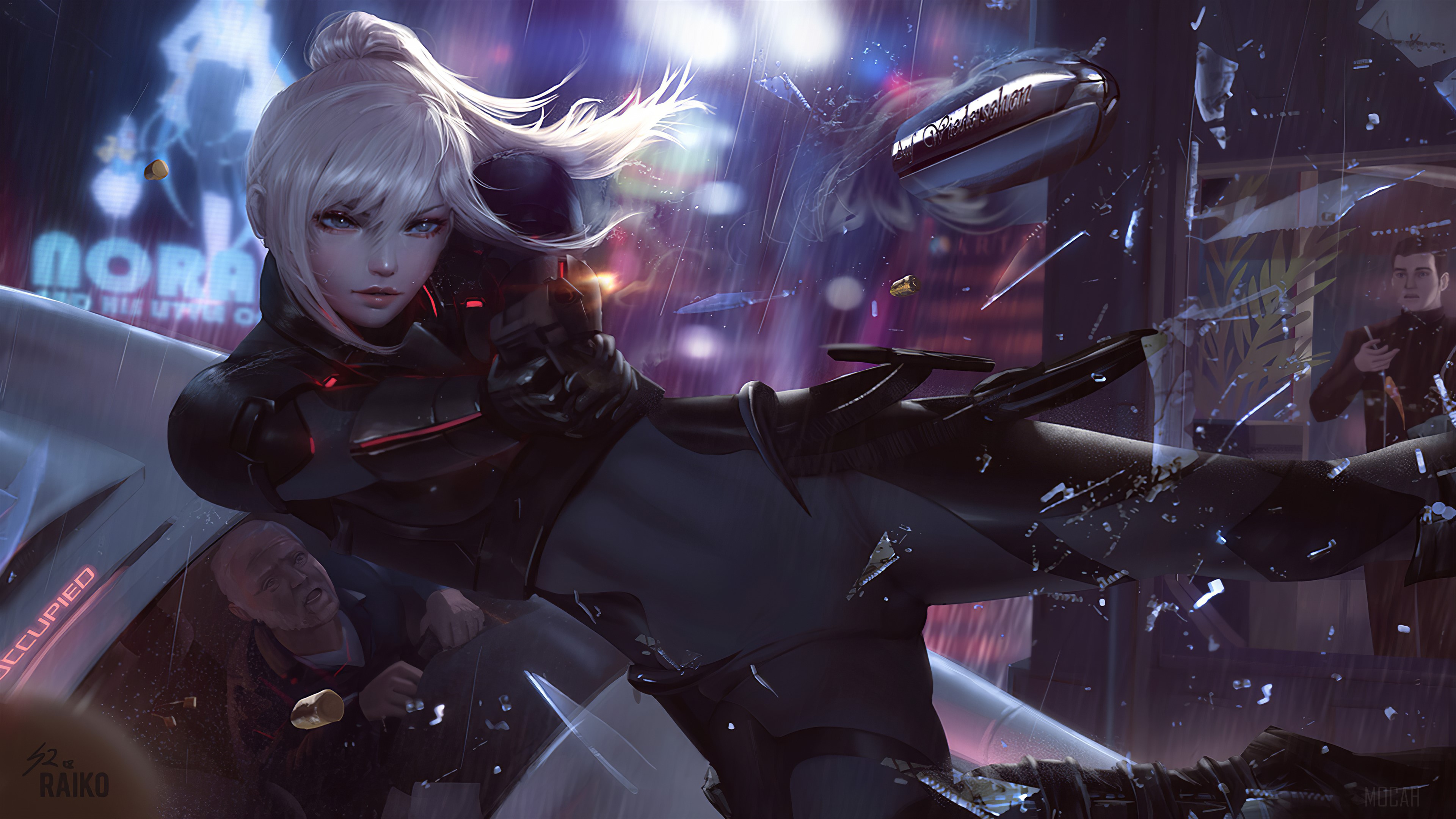 Woman in tactical gear firing a gun in a city HD Wallpaper
