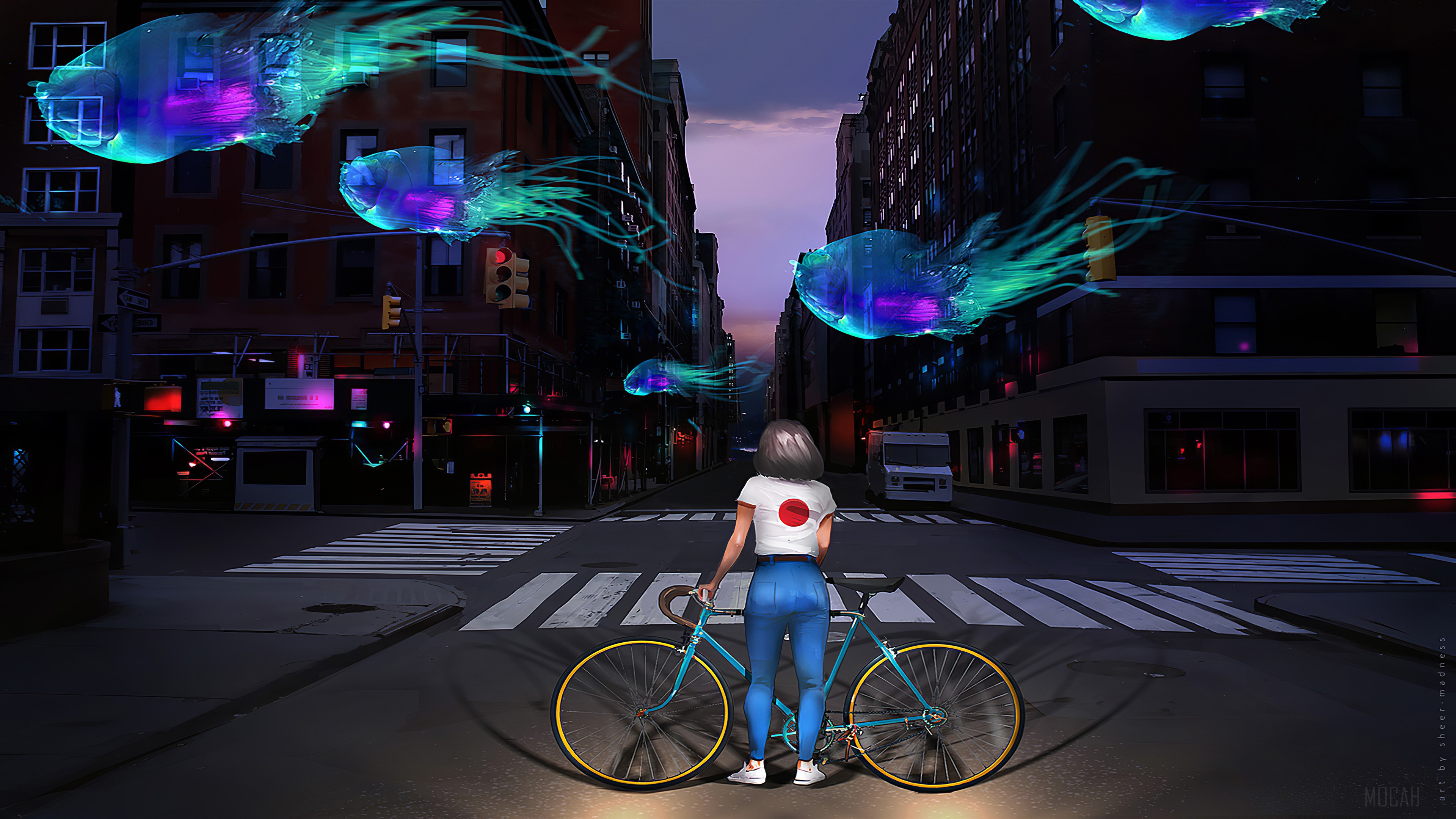 Woman with bicycle in street with jellyfish 4K HD Wallpaper