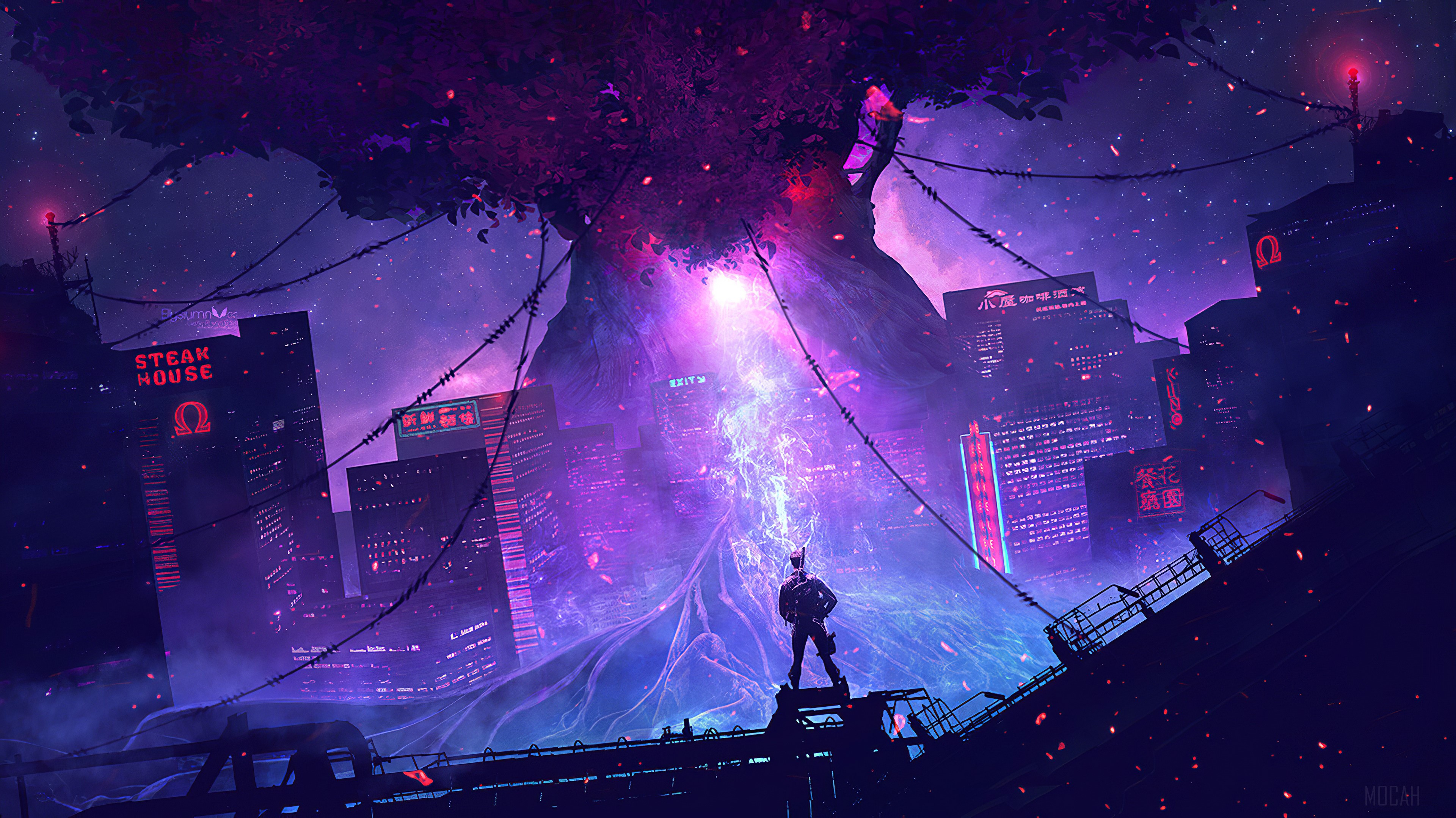 Cyberpunk city with giant tree and person HD Wallpaper
