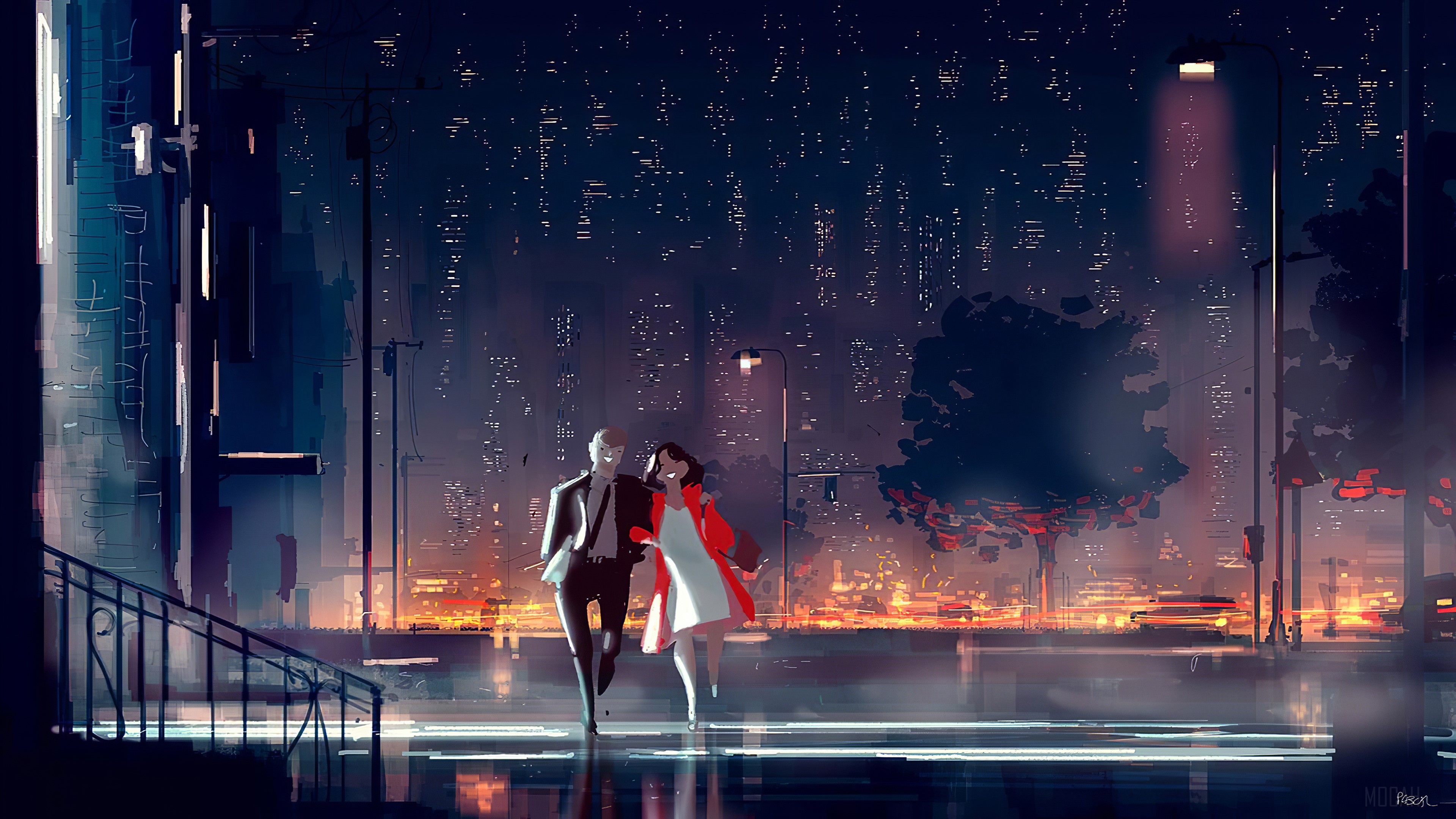 Couple walking in a city at night 4K HD Wallpaper