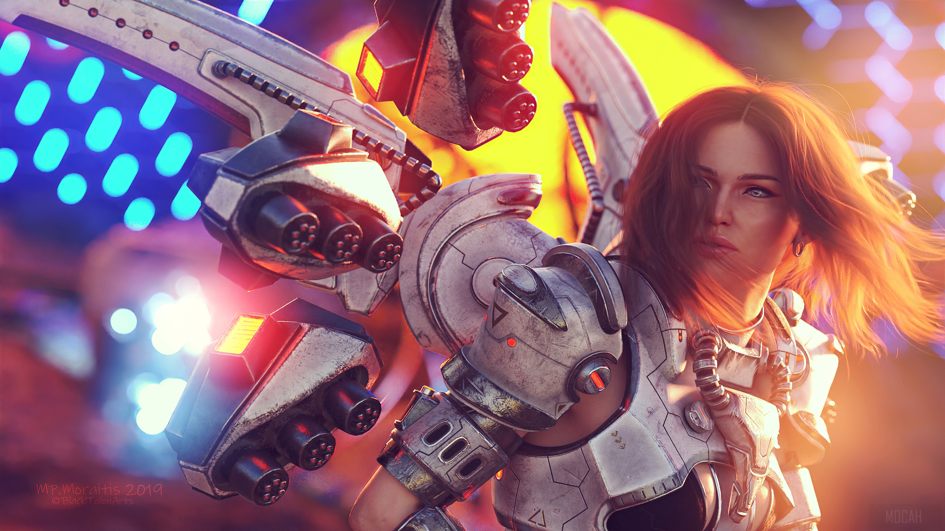 Woman in futuristic armor with weapons HD Wallpaper