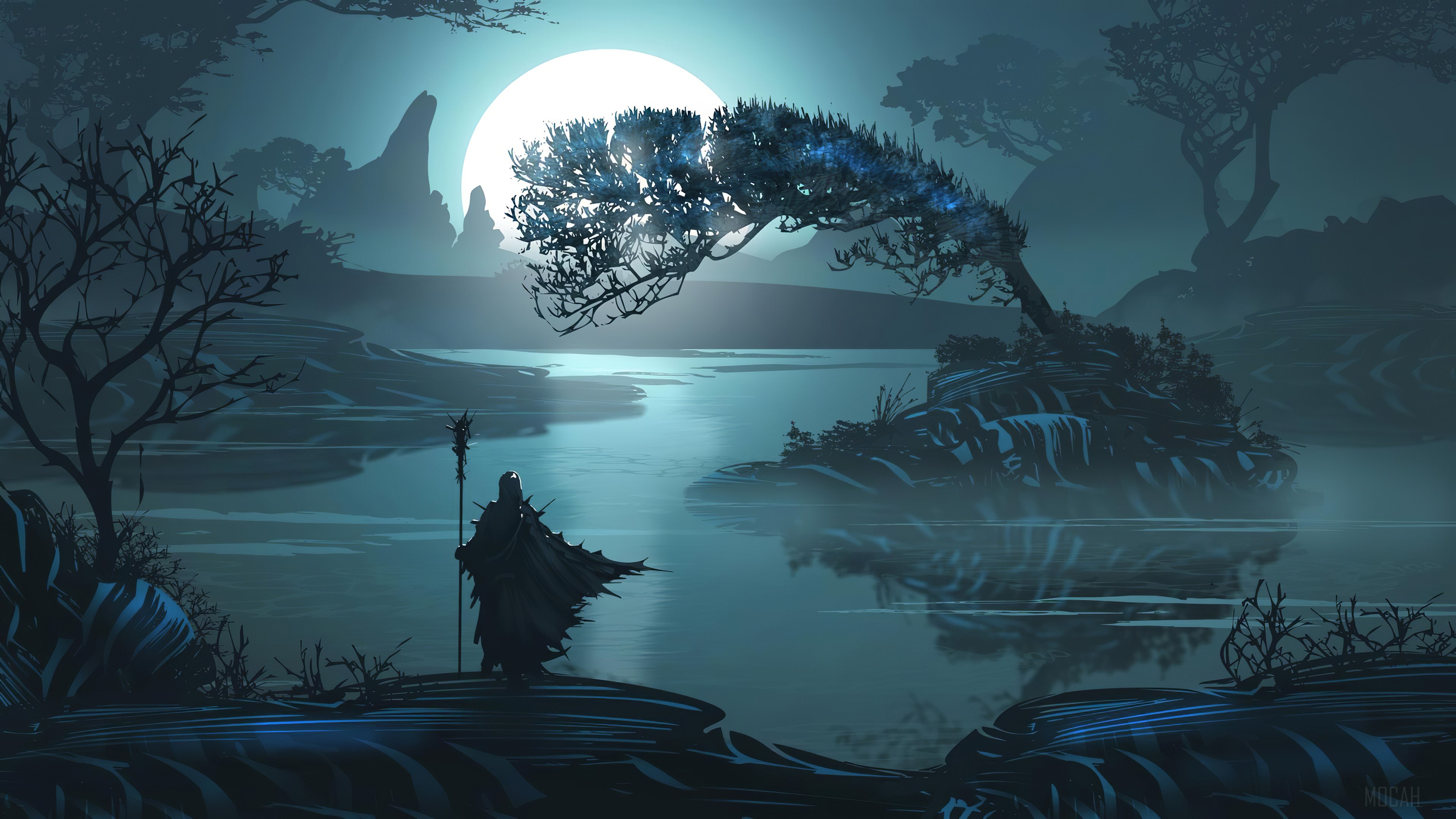 Lone Figure by Mystical Lagoon Under Full Moon 4K HD Wallpaper