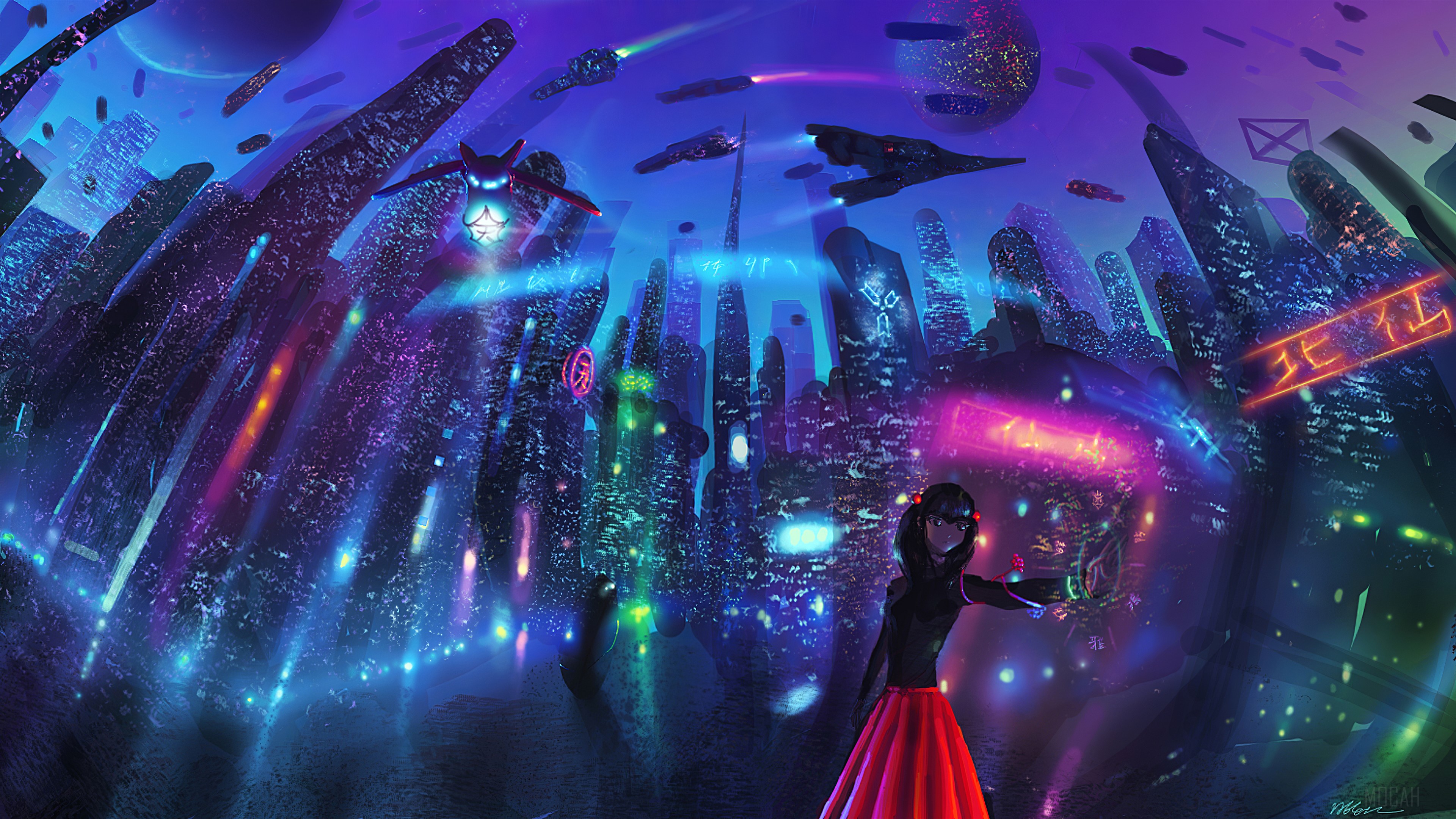 Futuristic Cityscape with Flying Vehicles and a Girl HD Wallpaper