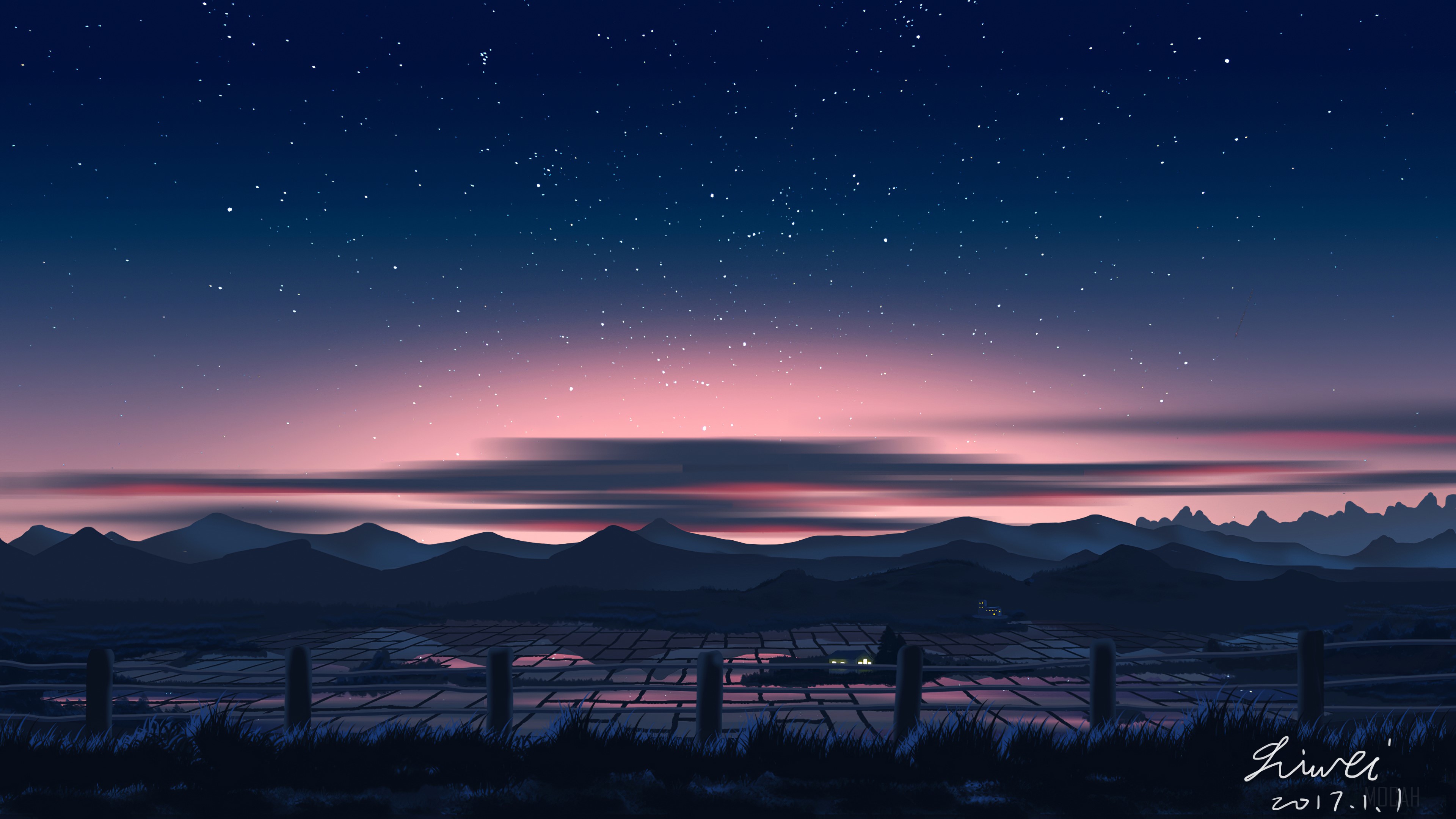 Countryside at Dusk with Starry Sky 4K HD Wallpaper