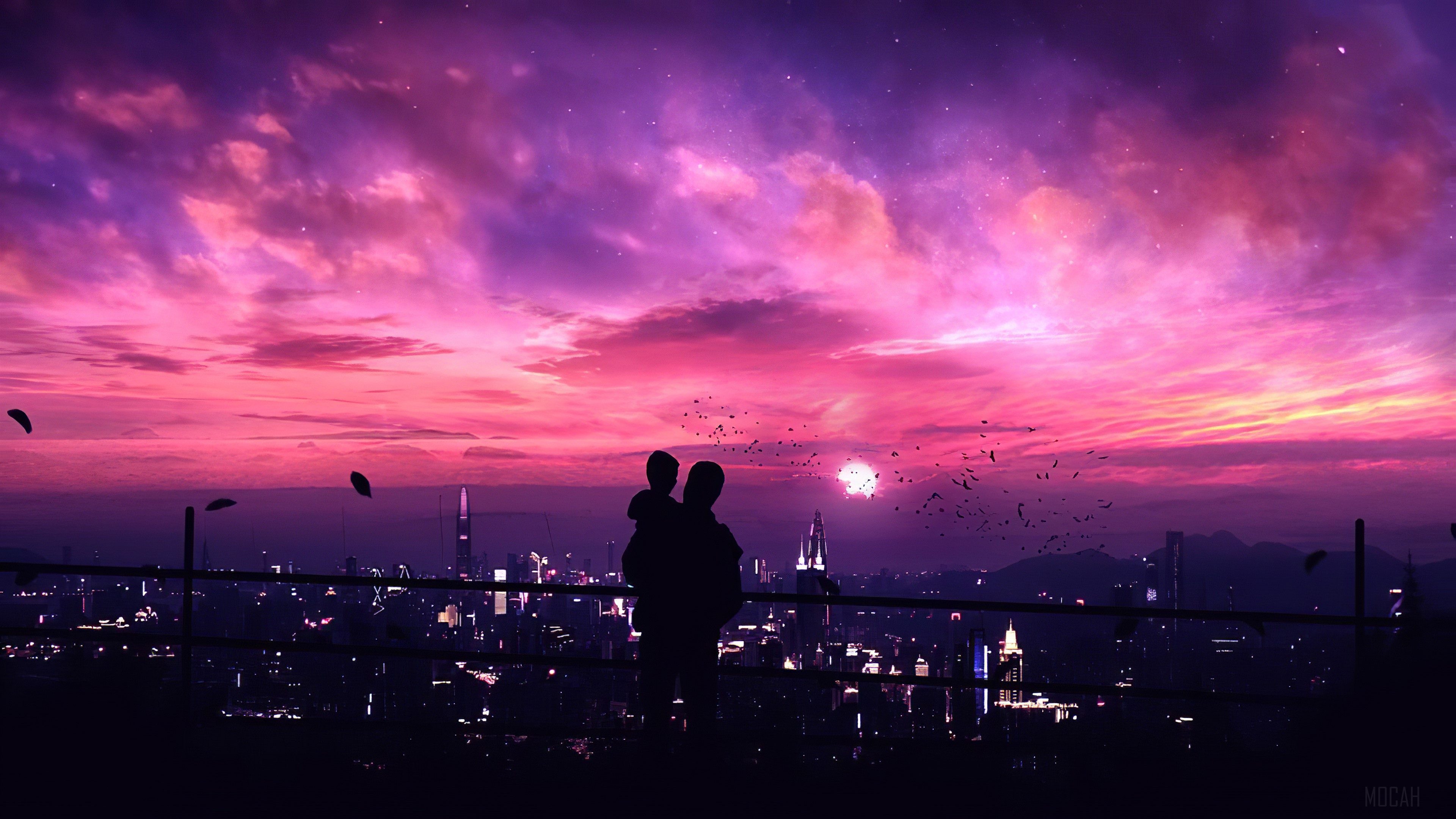 Father and Son Silhouette Over Cityscape at Sunset 4K HD Wallpaper